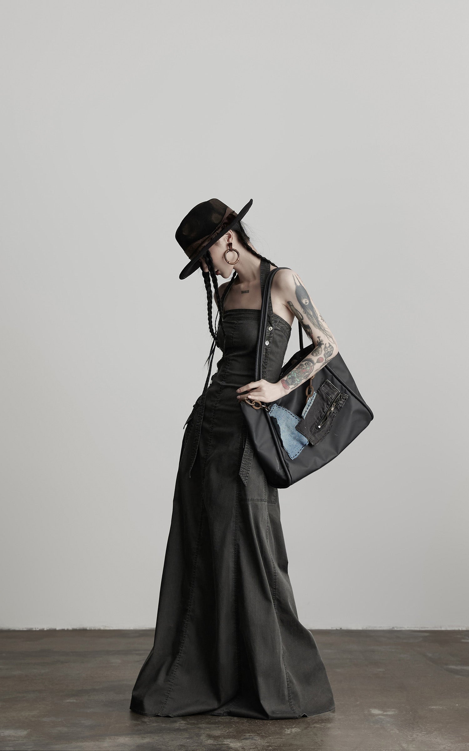 INDULGE Washed Denim Halter Maxi Dress with Button Trim