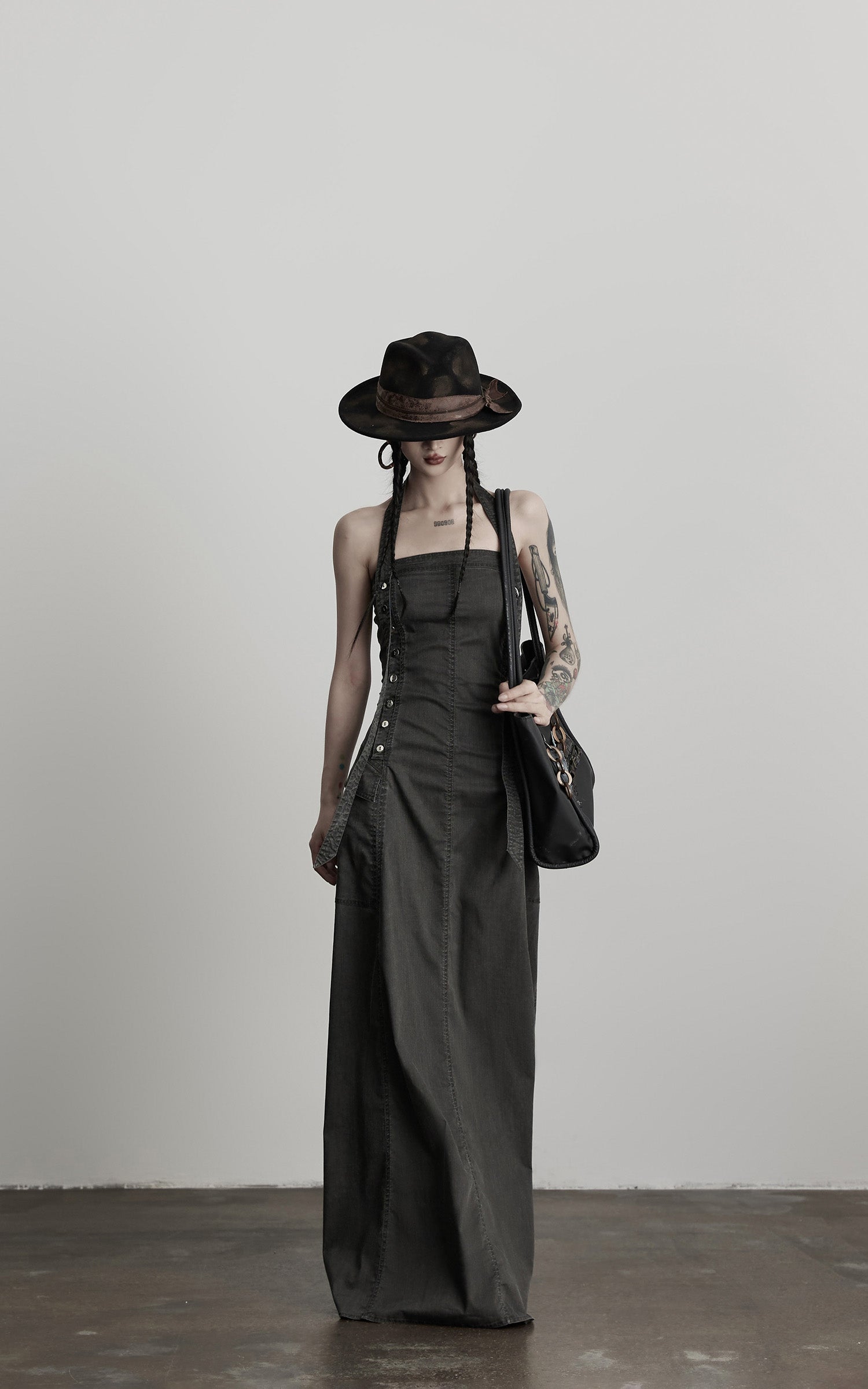 INDULGE Washed Denim Halter Maxi Dress with Button Trim