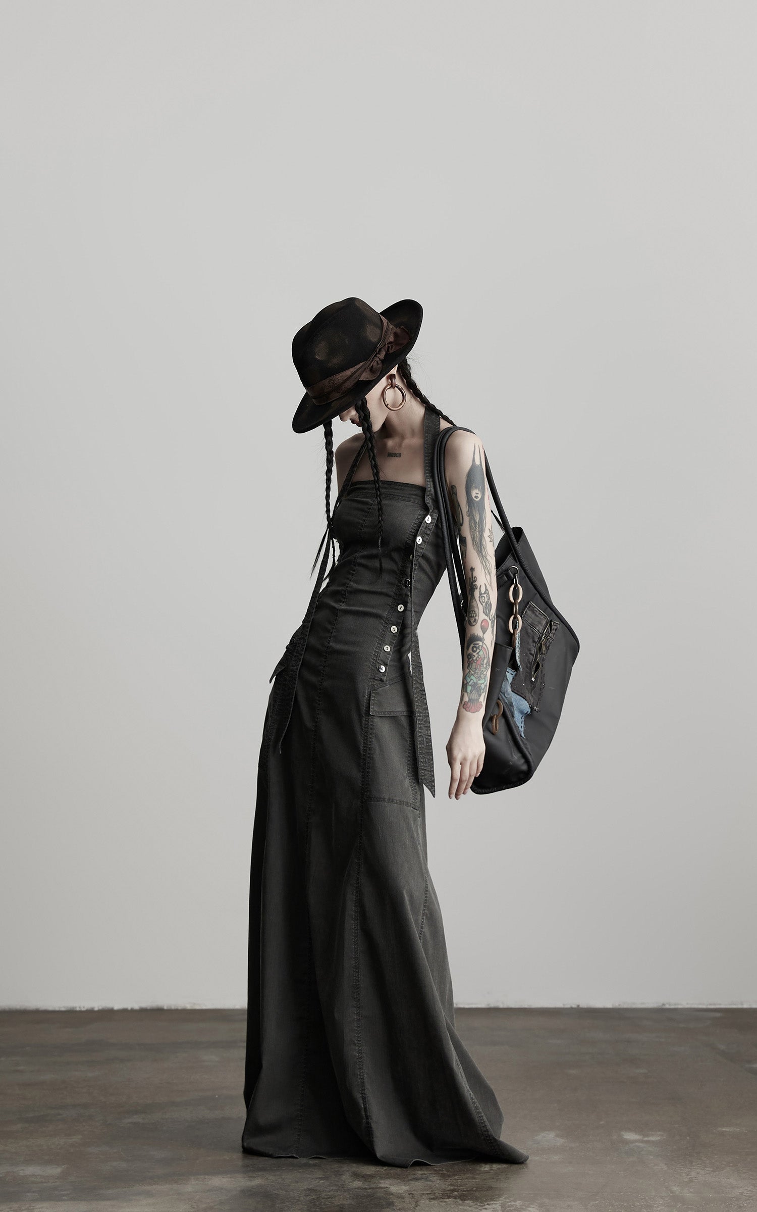 INDULGE Washed Denim Halter Maxi Dress with Button Trim