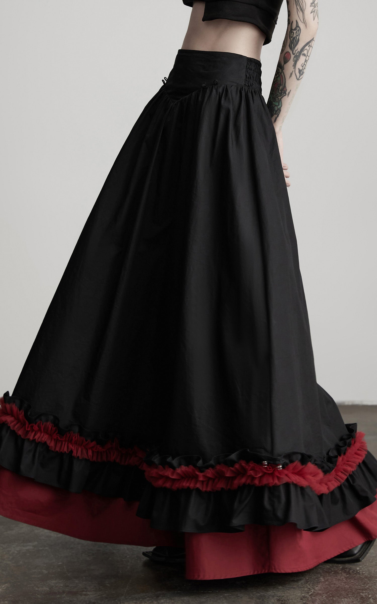 INDULGE Flared Skirt with Layered Frill Draping and Contrast Underskirt