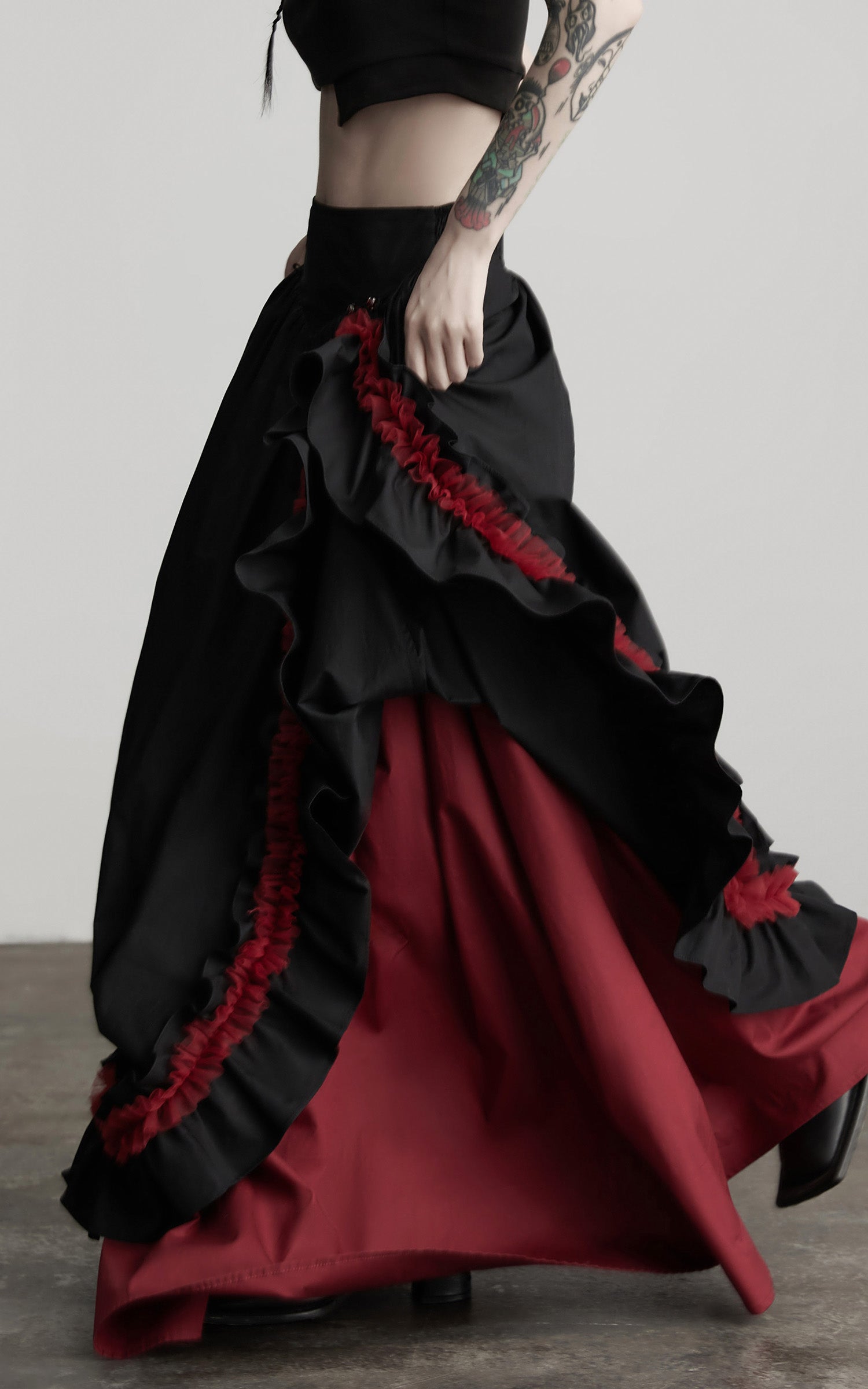 INDULGE Flared Skirt with Layered Frill Draping and Contrast Underskirt