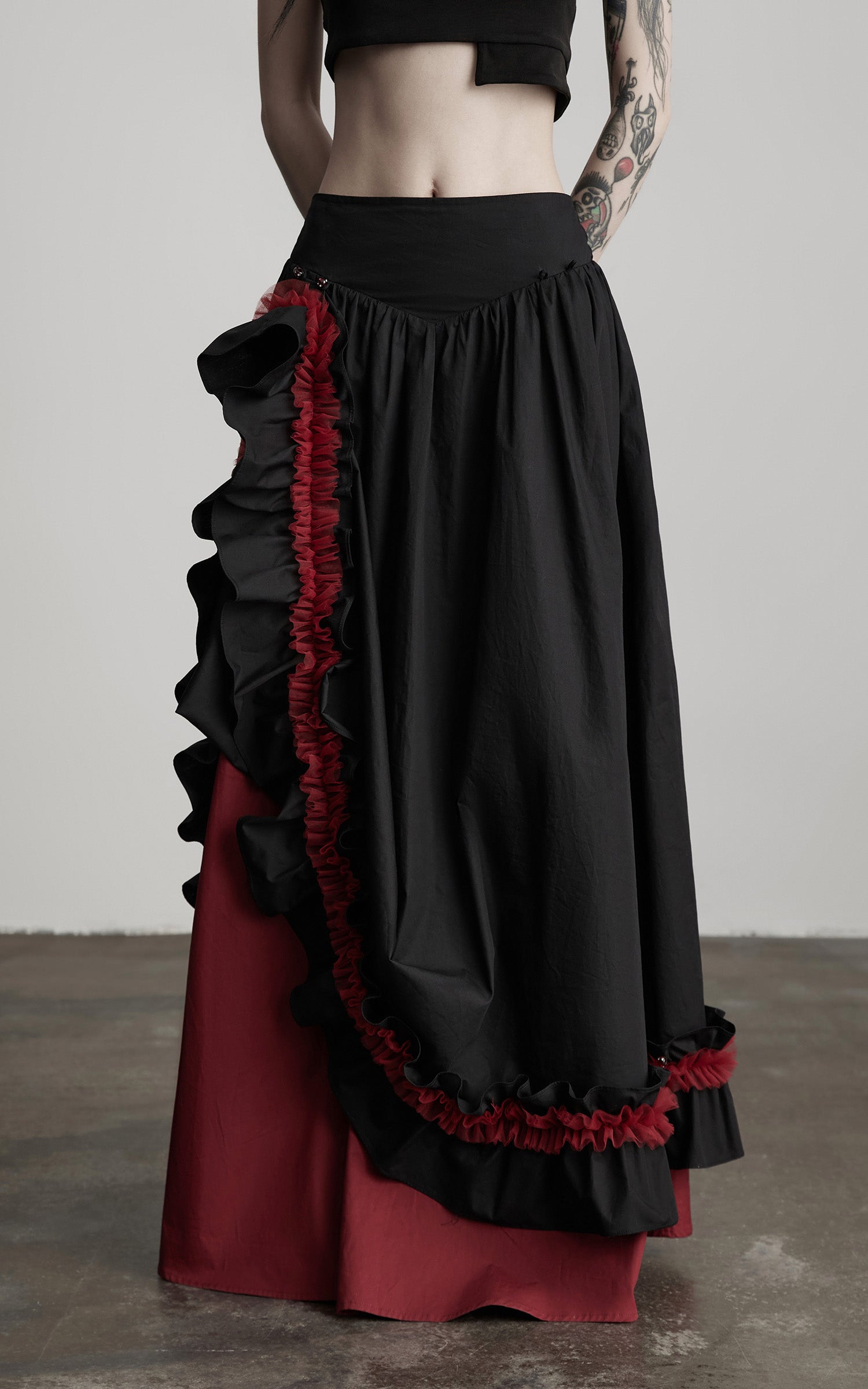 INDULGE Flared Skirt with Layered Frill Draping and Contrast Underskirt