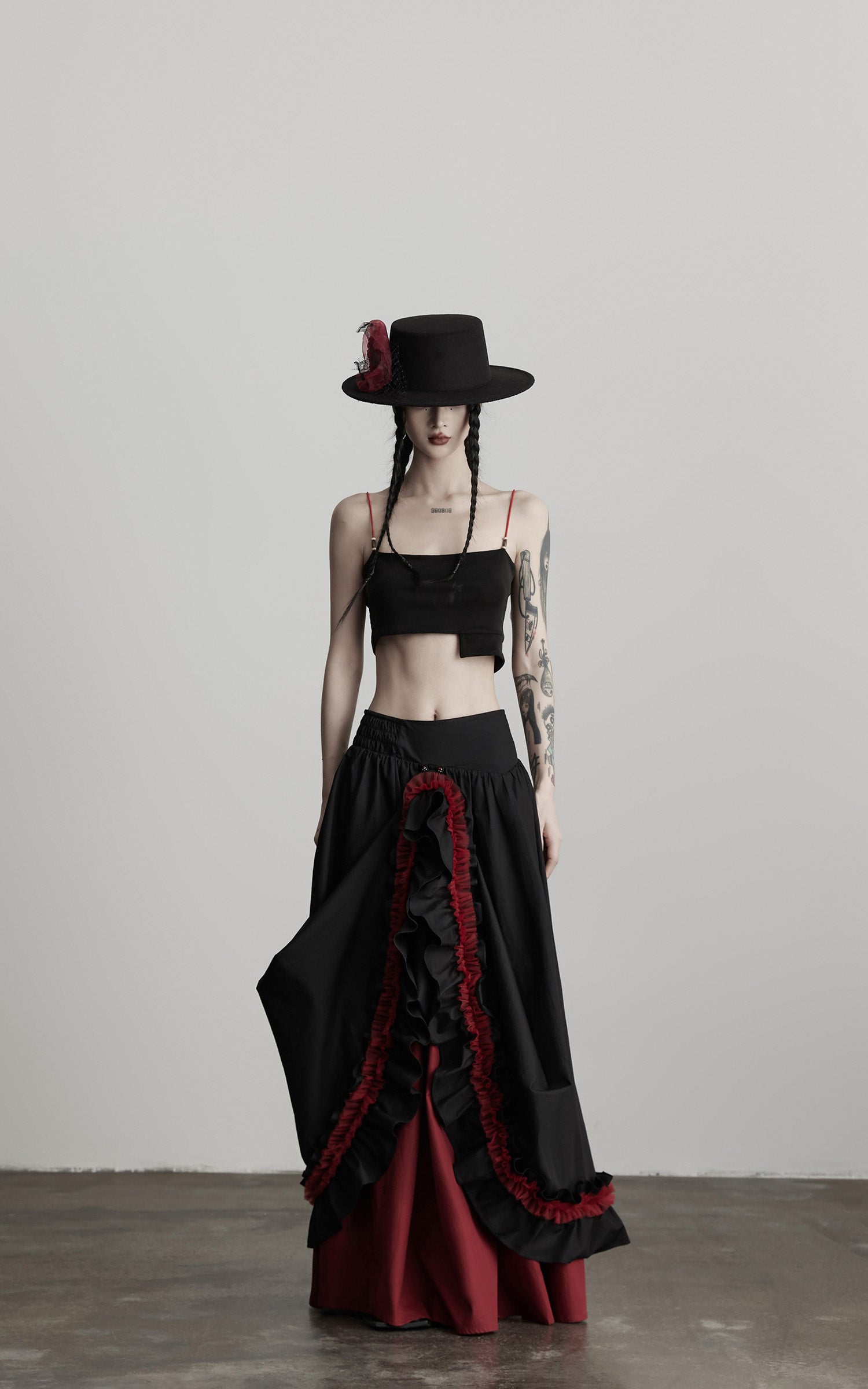 INDULGE Flared Skirt with Layered Frill Draping and Contrast Underskirt