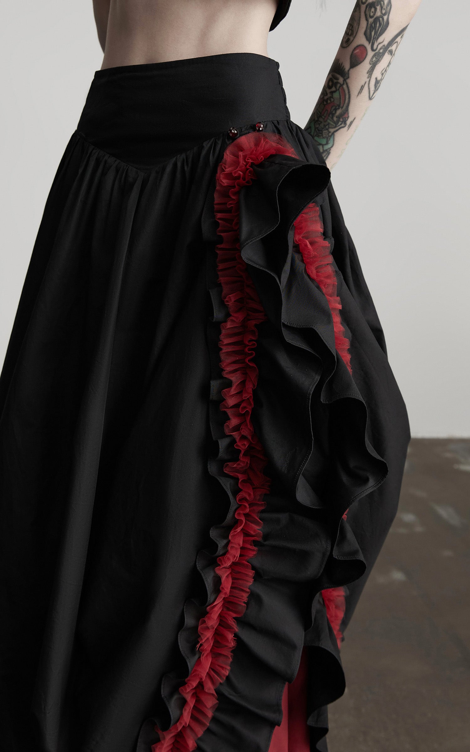 INDULGE Flared Skirt with Layered Frill Draping and Contrast Underskirt