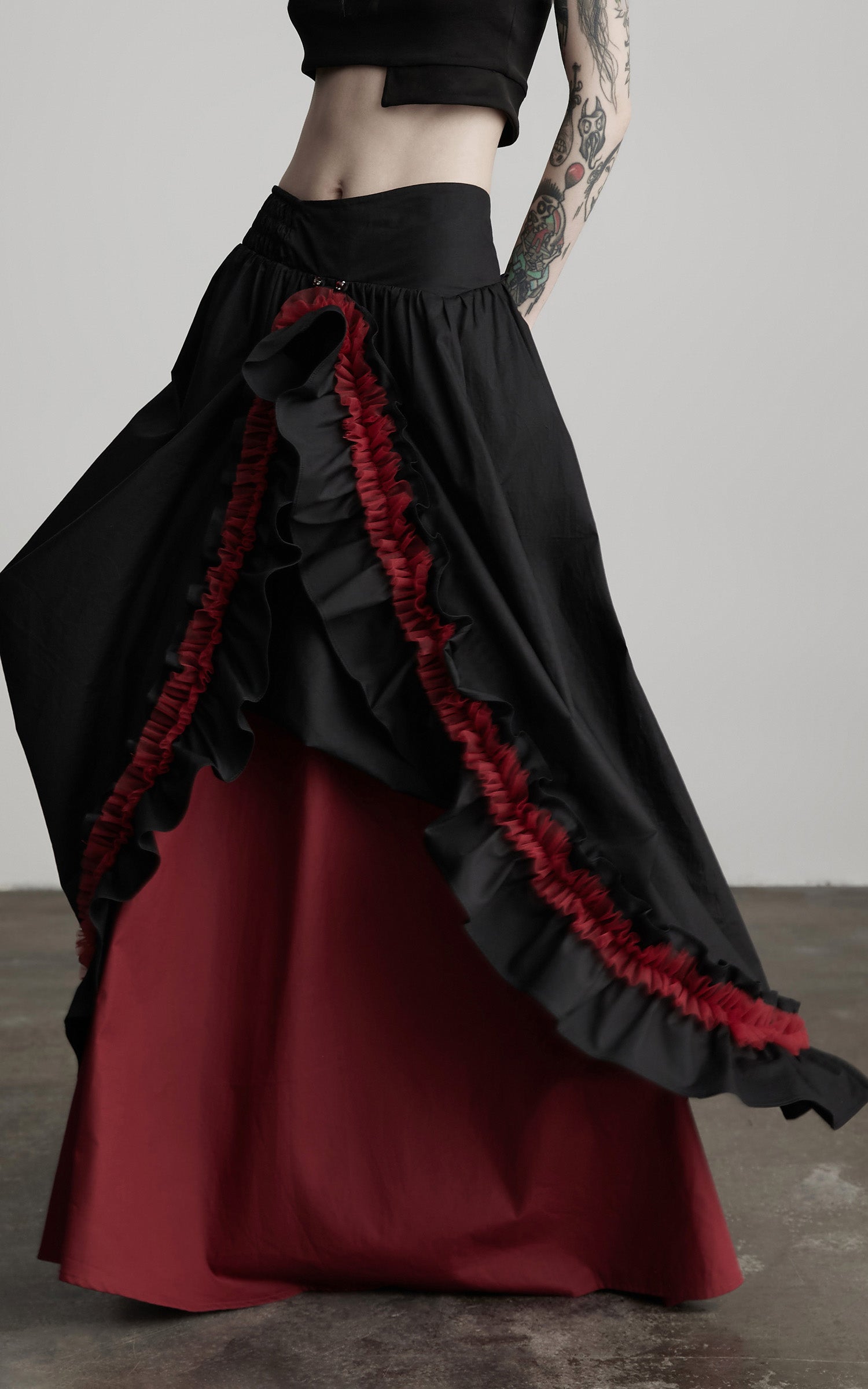 INDULGE Flared Skirt with Layered Frill Draping and Contrast Underskirt