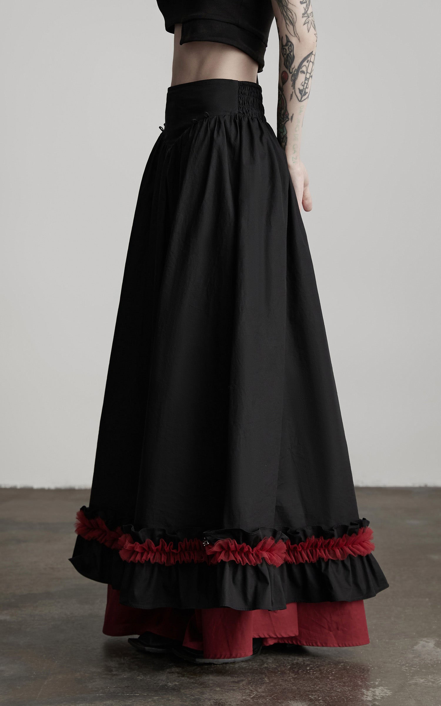 INDULGE Flared Skirt with Layered Frill Draping and Contrast Underskirt
