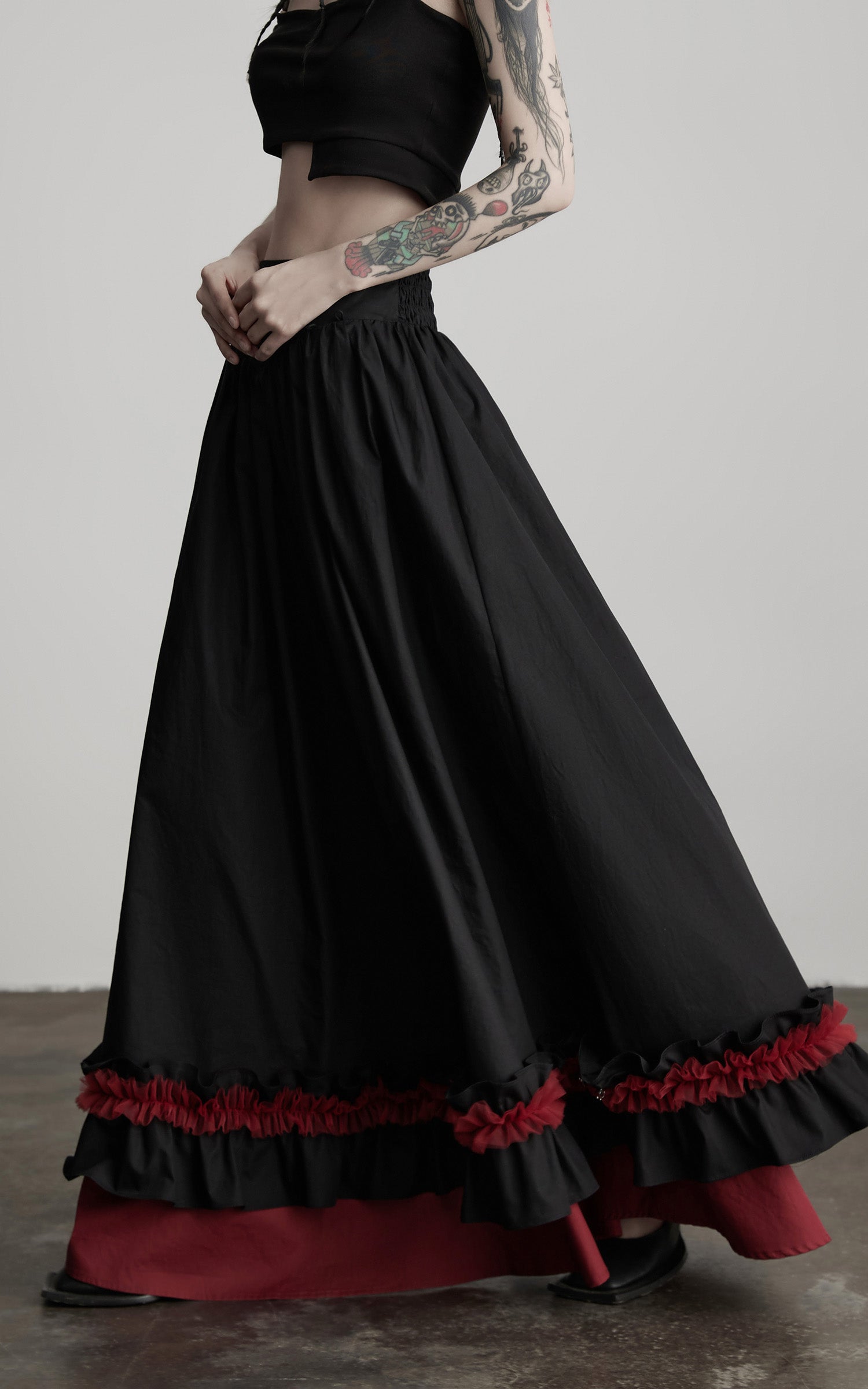 INDULGE Flared Skirt with Layered Frill Draping and Contrast Underskirt