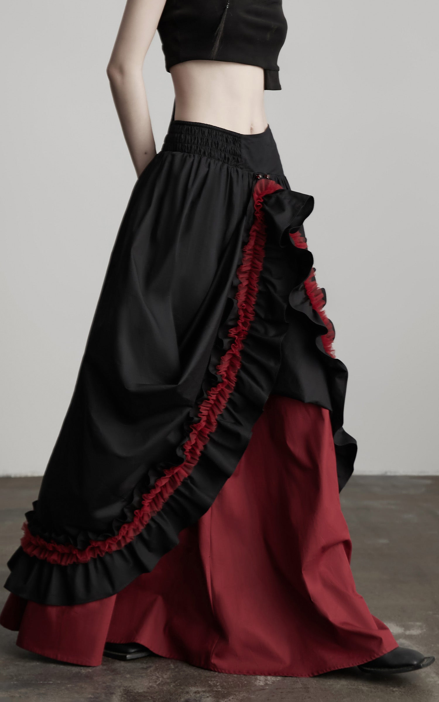 INDULGE Flared Skirt with Layered Frill Draping and Contrast Underskirt