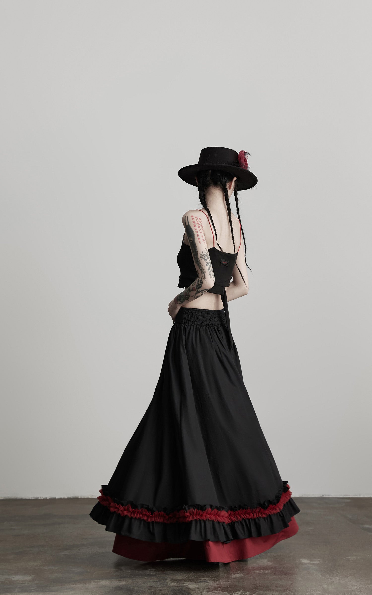 INDULGE Flared Skirt with Layered Frill Draping and Contrast Underskirt