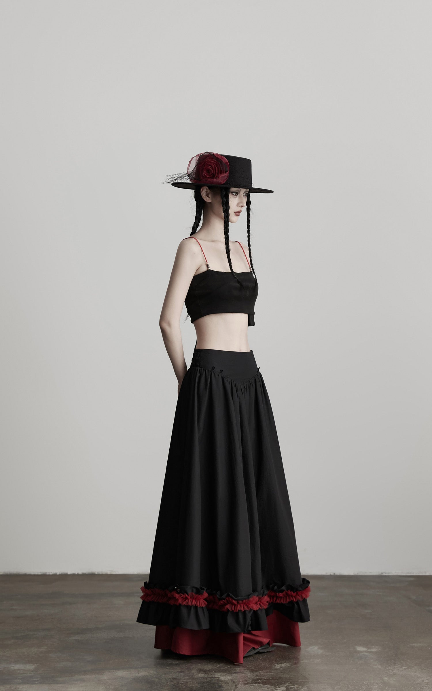 INDULGE Flared Skirt with Layered Frill Draping and Contrast Underskirt