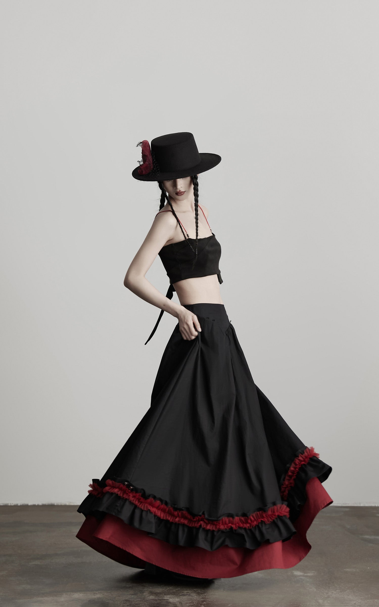 INDULGE Flared Skirt with Layered Frill Draping and Contrast Underskirt