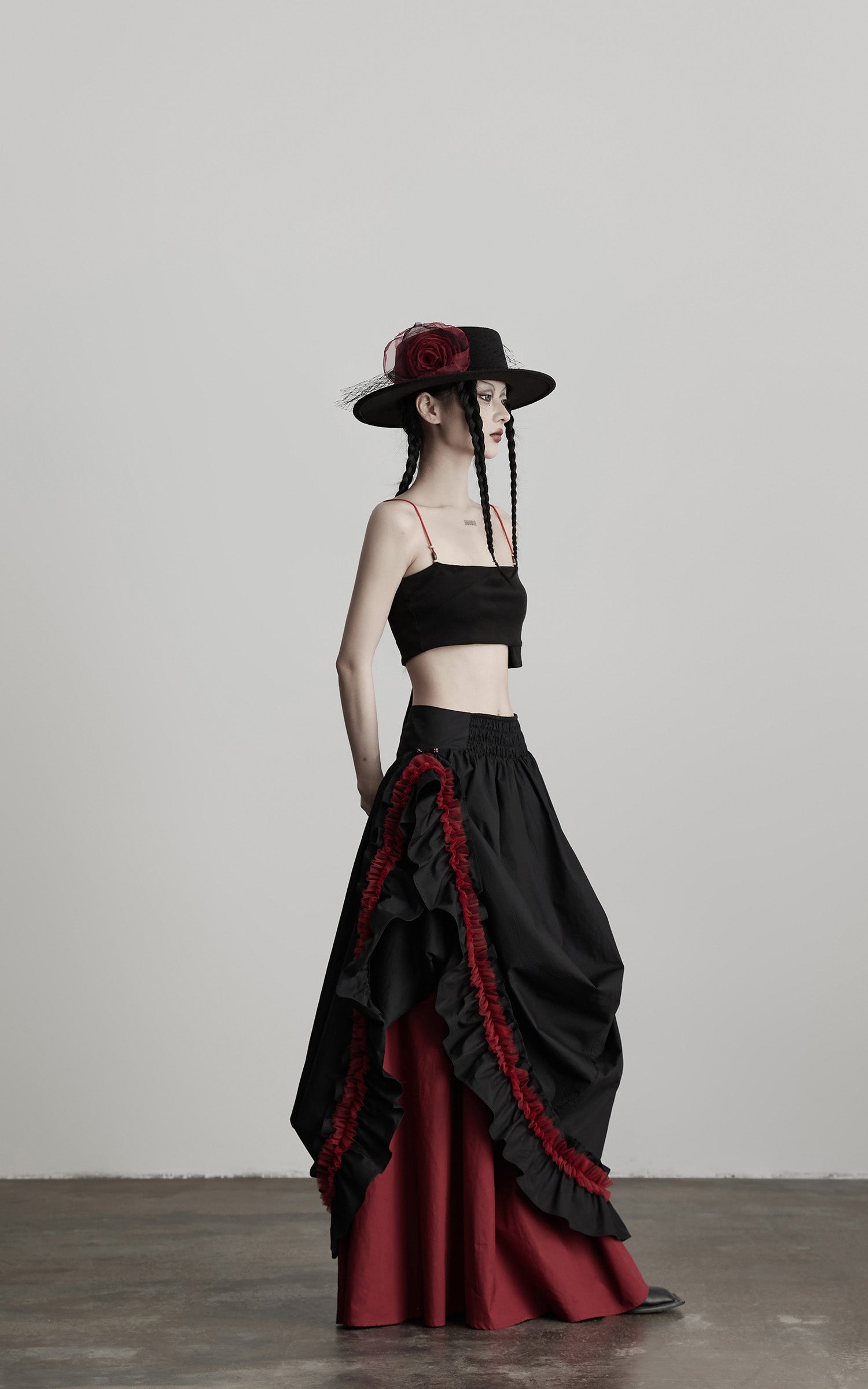 INDULGE Flared Skirt with Layered Frill Draping and Contrast Underskirt