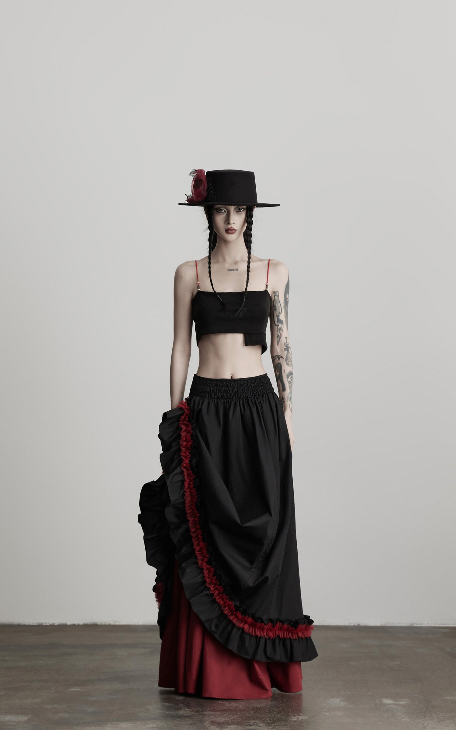 INDULGE Flared Skirt with Layered Frill Draping and Contrast Underskirt