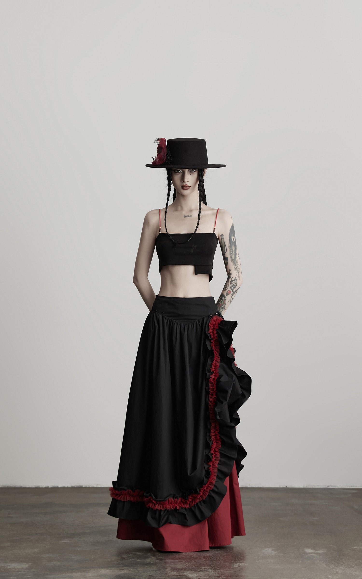 INDULGE Flared Skirt with Layered Frill Draping and Contrast Underskirt