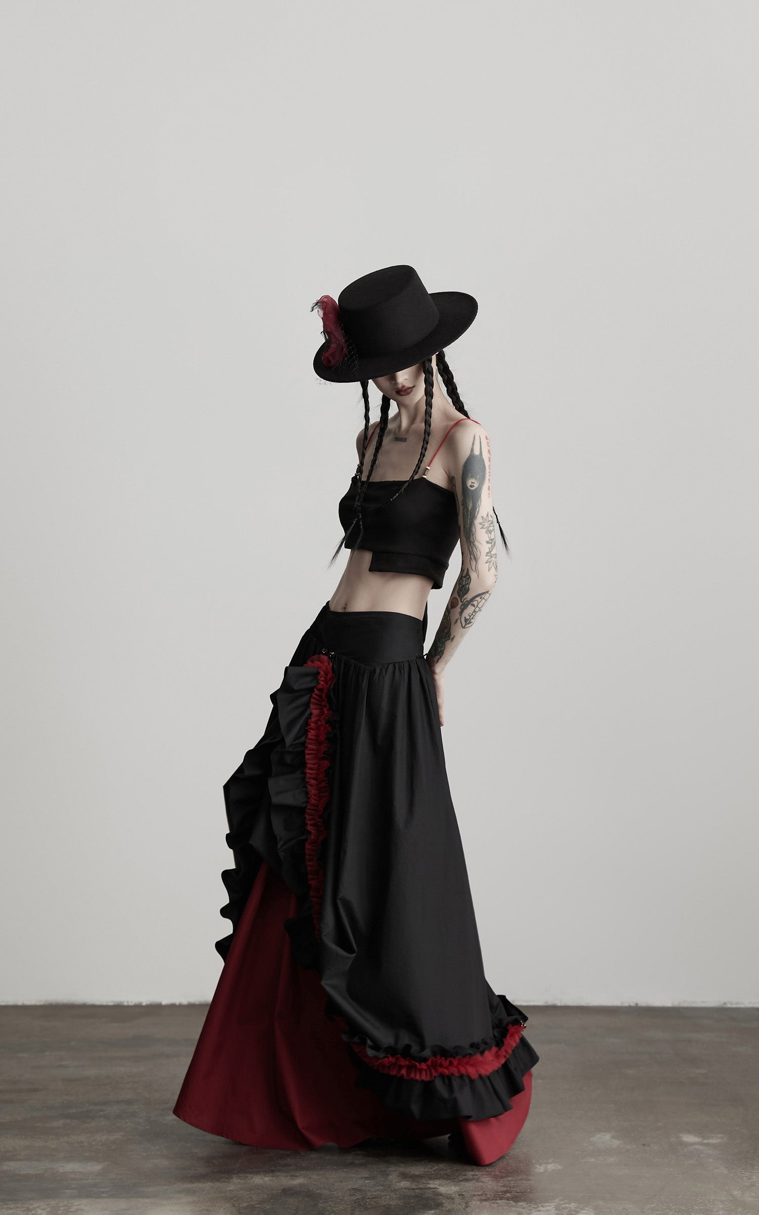 INDULGE Flared Skirt with Layered Frill Draping and Contrast Underskirt