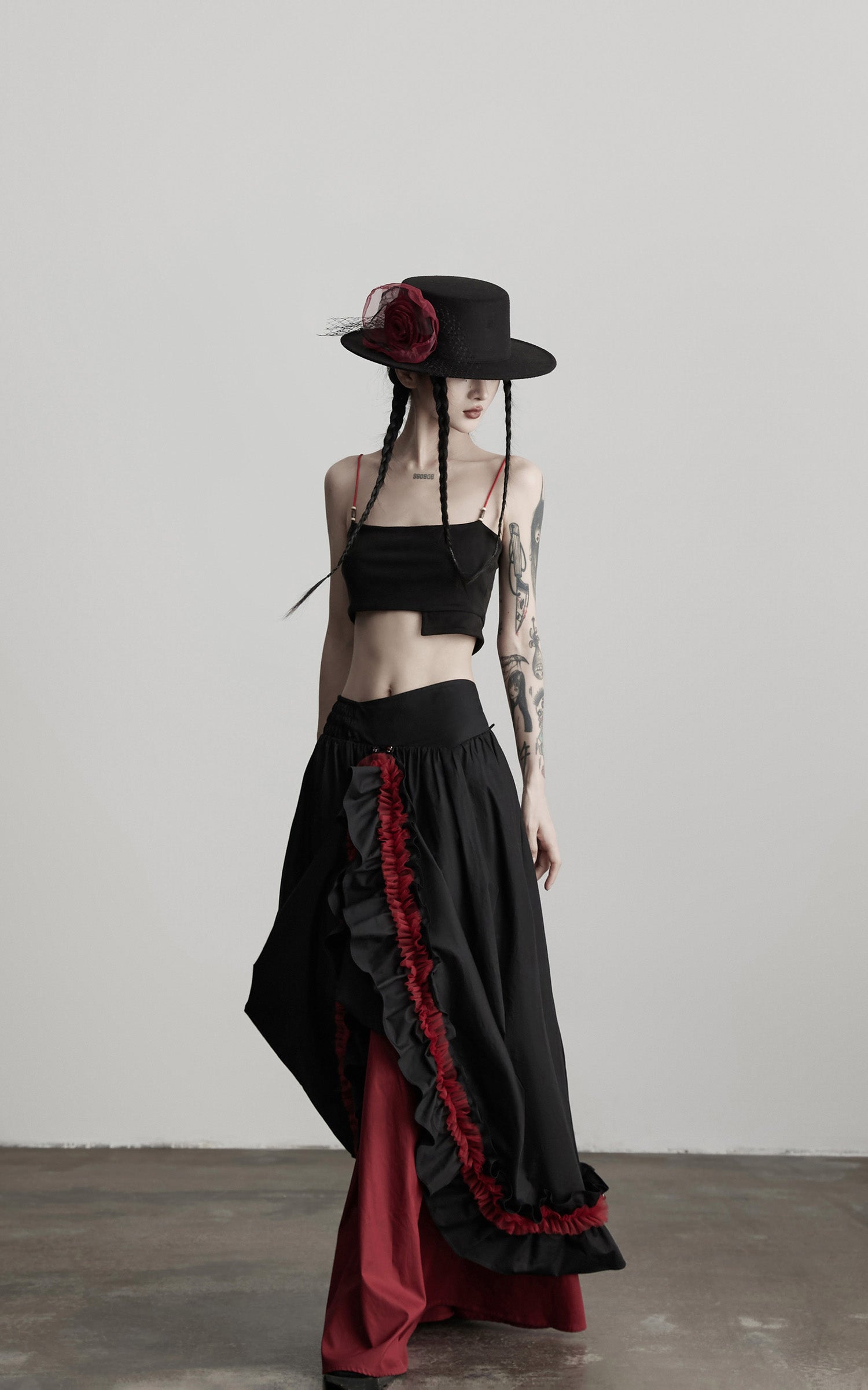 INDULGE Flared Skirt with Layered Frill Draping and Contrast Underskirt