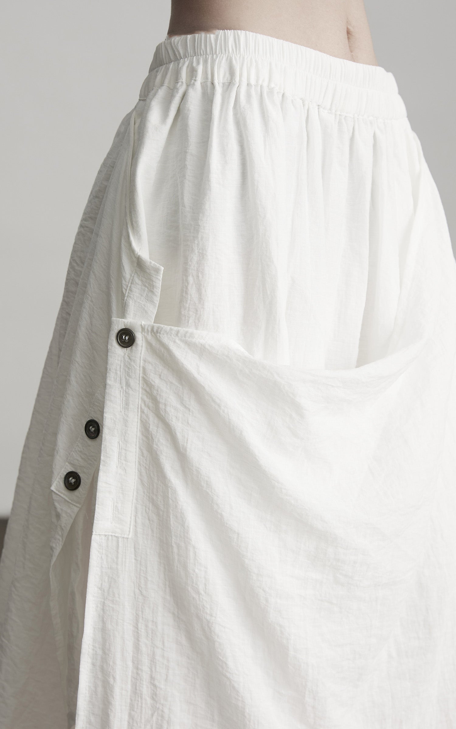 INDULGE Asymmetric Draped Skirt with Side Button Detail and Textured Cotton Layers