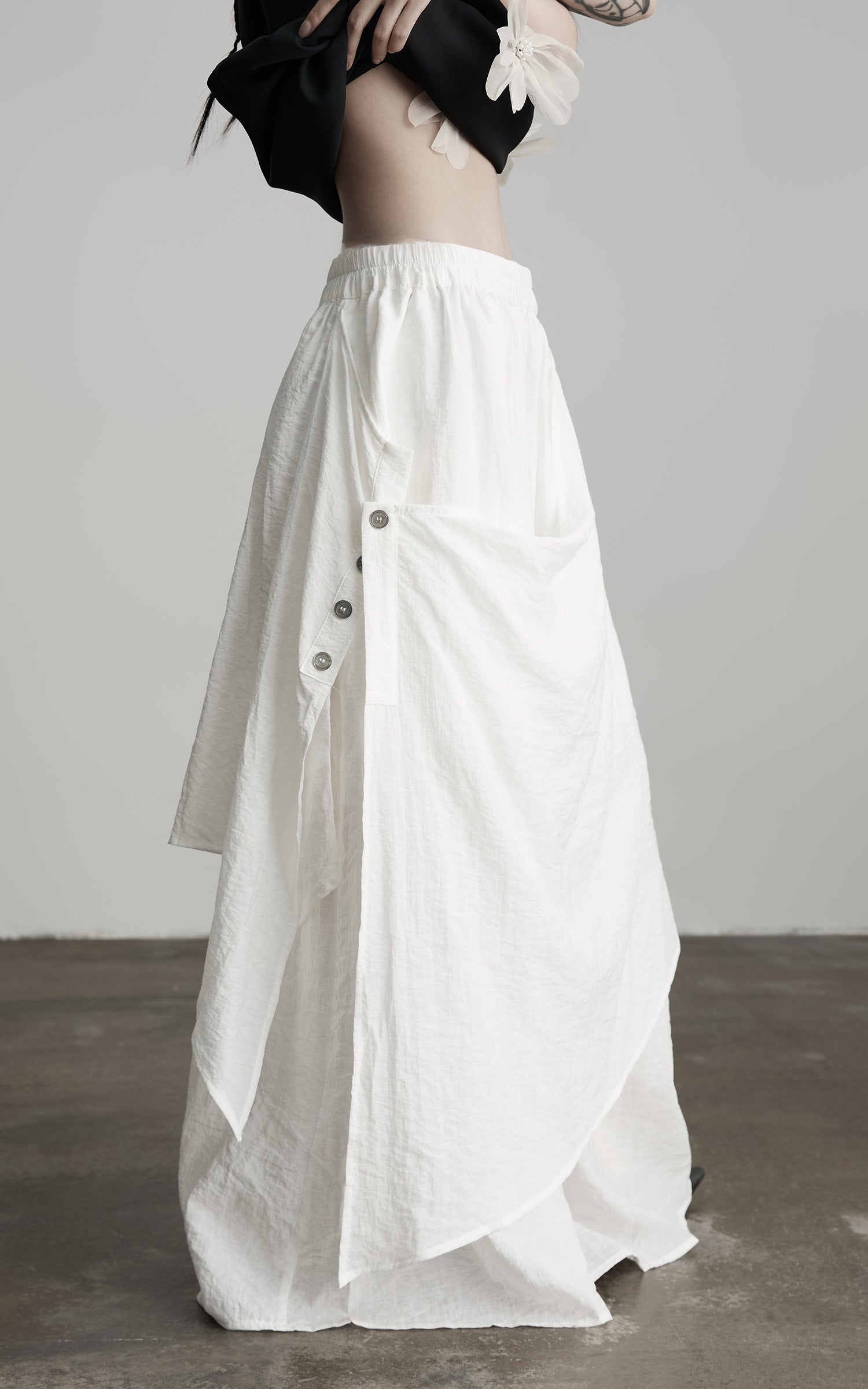 INDULGE Asymmetric Draped Skirt with Side Button Detail and Textured Cotton Layers