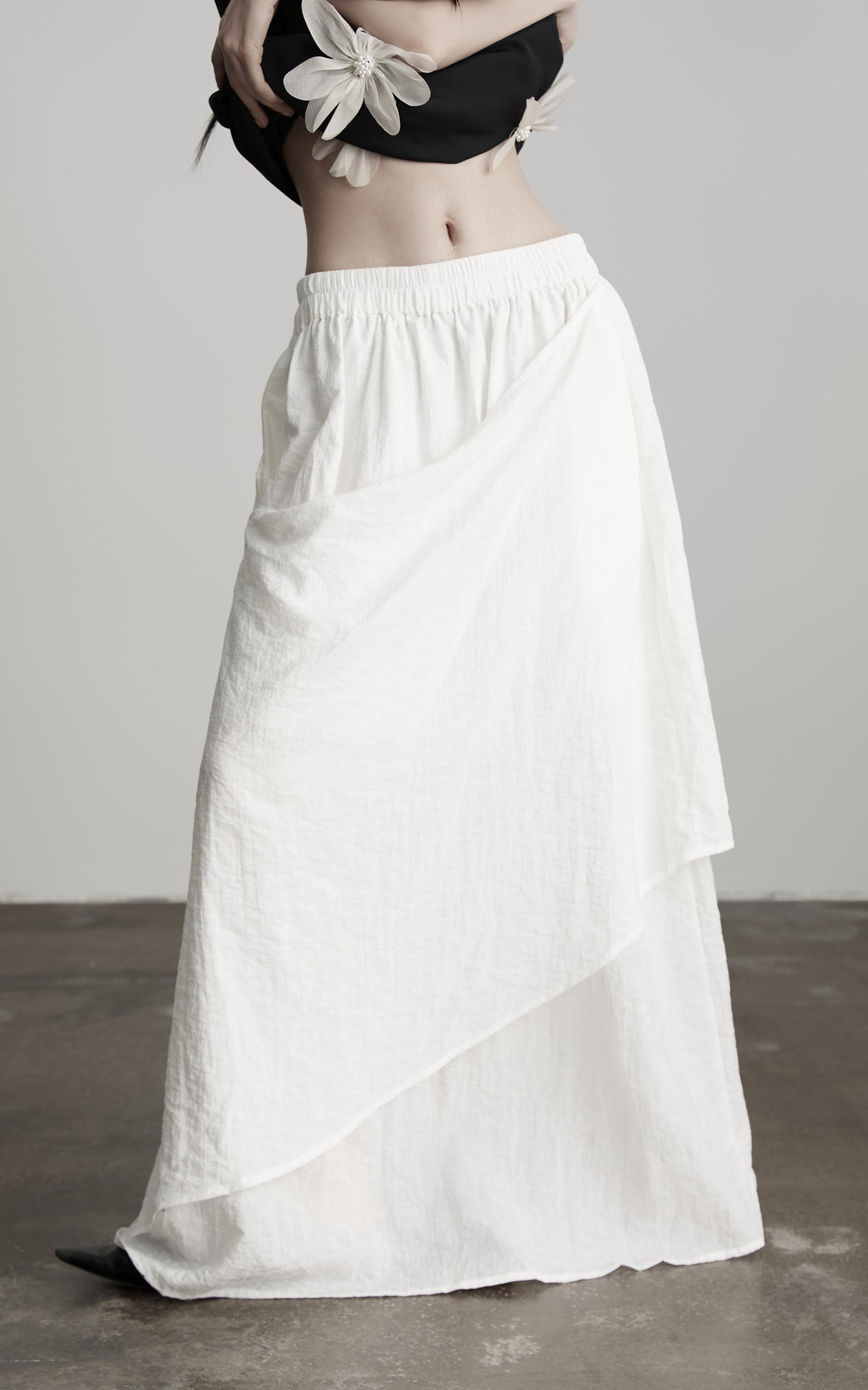 INDULGE Asymmetric Draped Skirt with Side Button Detail and Textured Cotton Layers