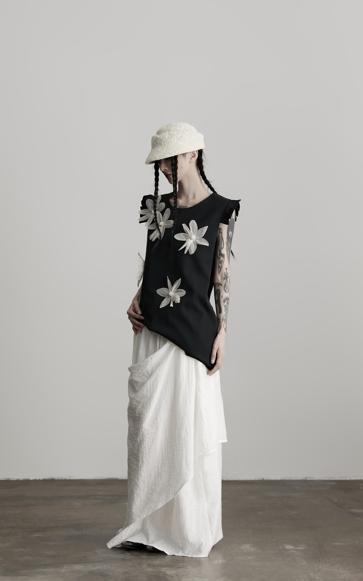 INDULGE Asymmetric Draped Skirt with Side Button Detail and Textured Cotton Layers