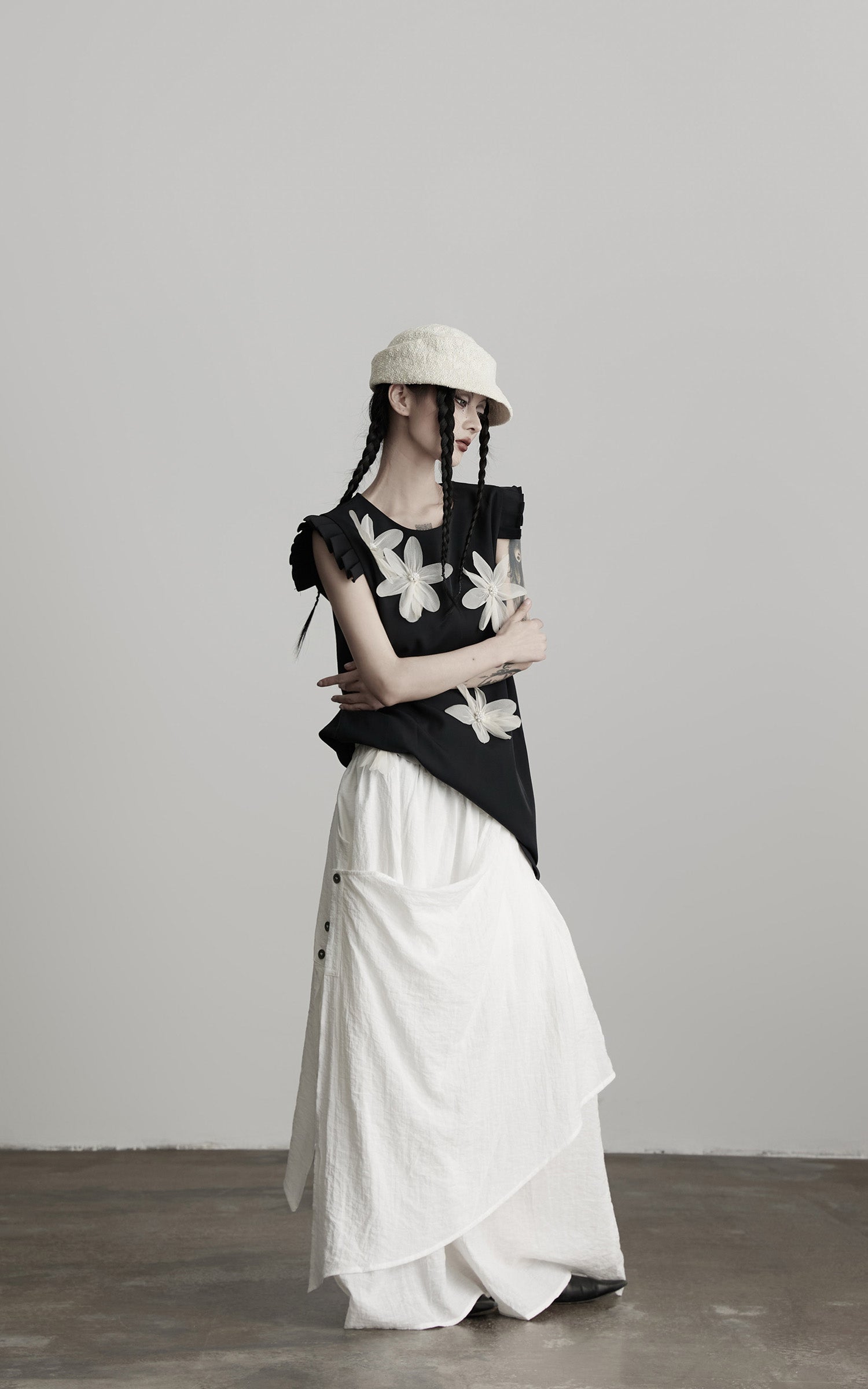 INDULGE Asymmetric Draped Skirt with Side Button Detail and Textured Cotton Layers