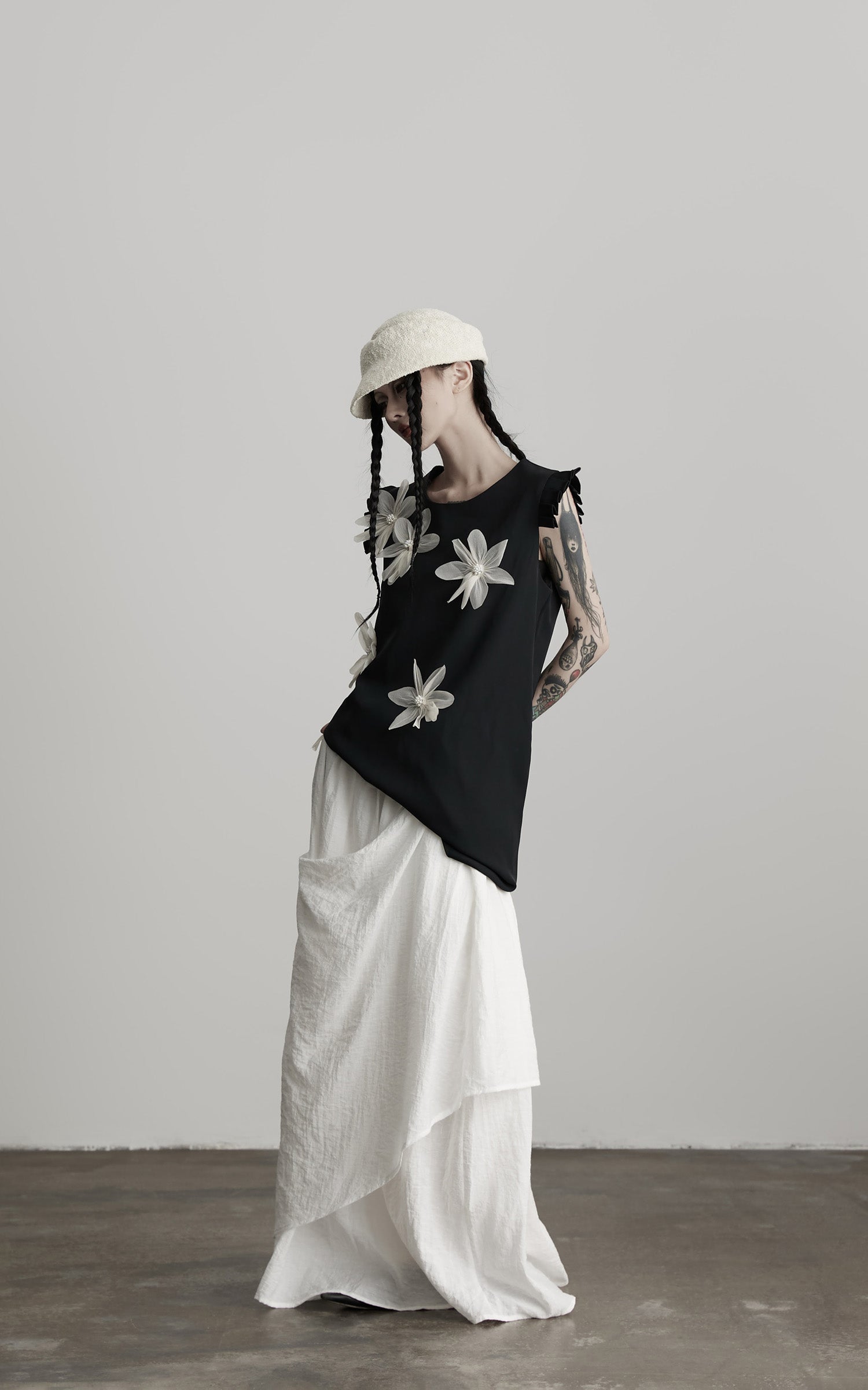 INDULGE Asymmetric Draped Skirt with Side Button Detail and Textured Cotton Layers