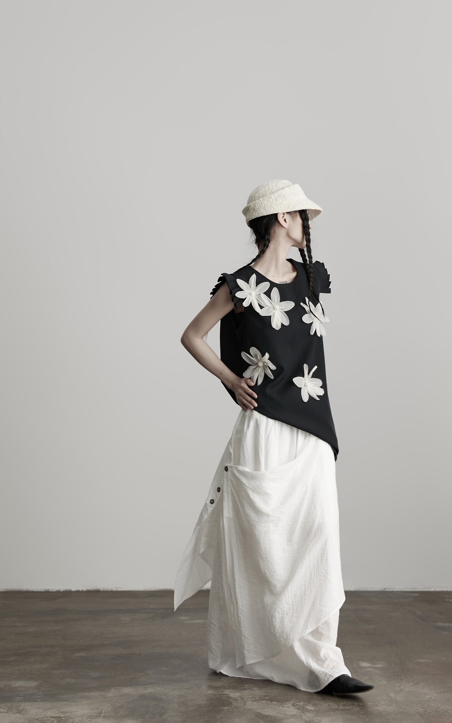 INDULGE Asymmetric Draped Skirt with Side Button Detail and Textured Cotton Layers