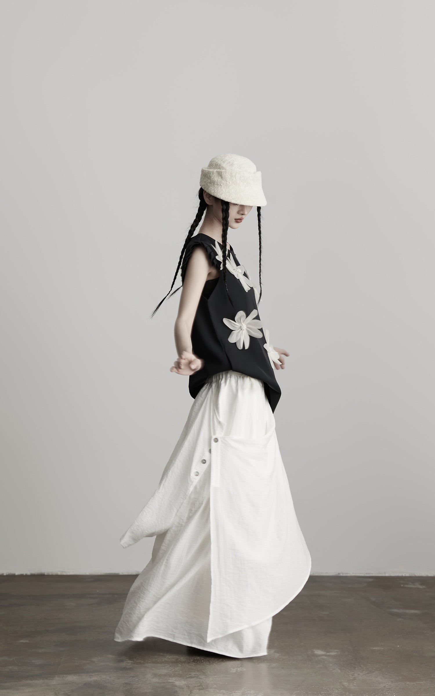 INDULGE Asymmetric Draped Skirt with Side Button Detail and Textured Cotton Layers