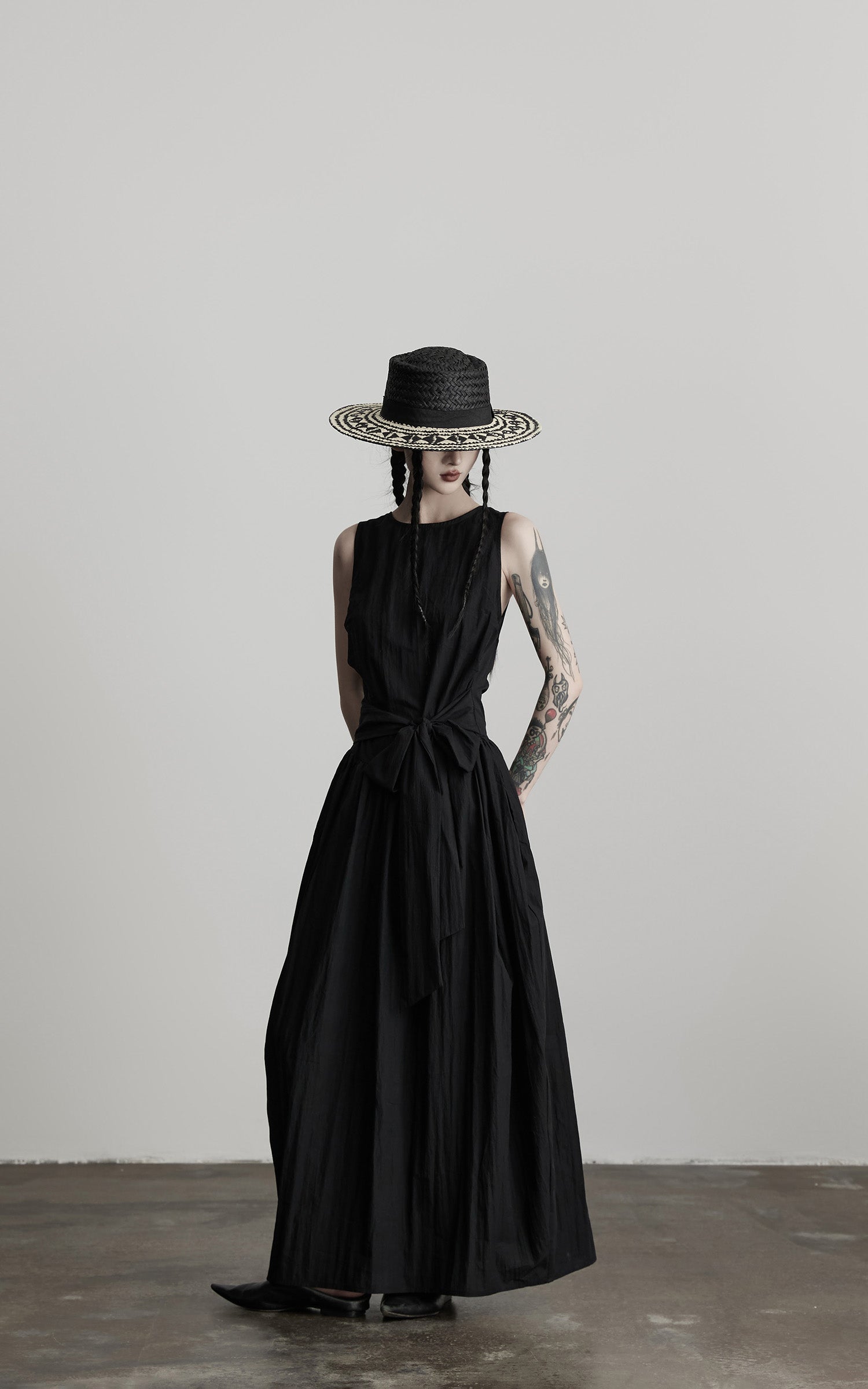 INDULGE Sleeveless Draped Maxi Dress with Hand-Tied Bead Embellishment and Sculpted Waist