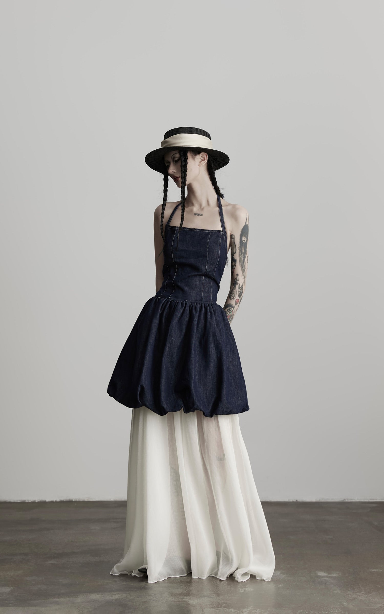 INDULGE Denim Halter Dress with Bubble Silhouette and Sheer Pleated Chiffon Hem
