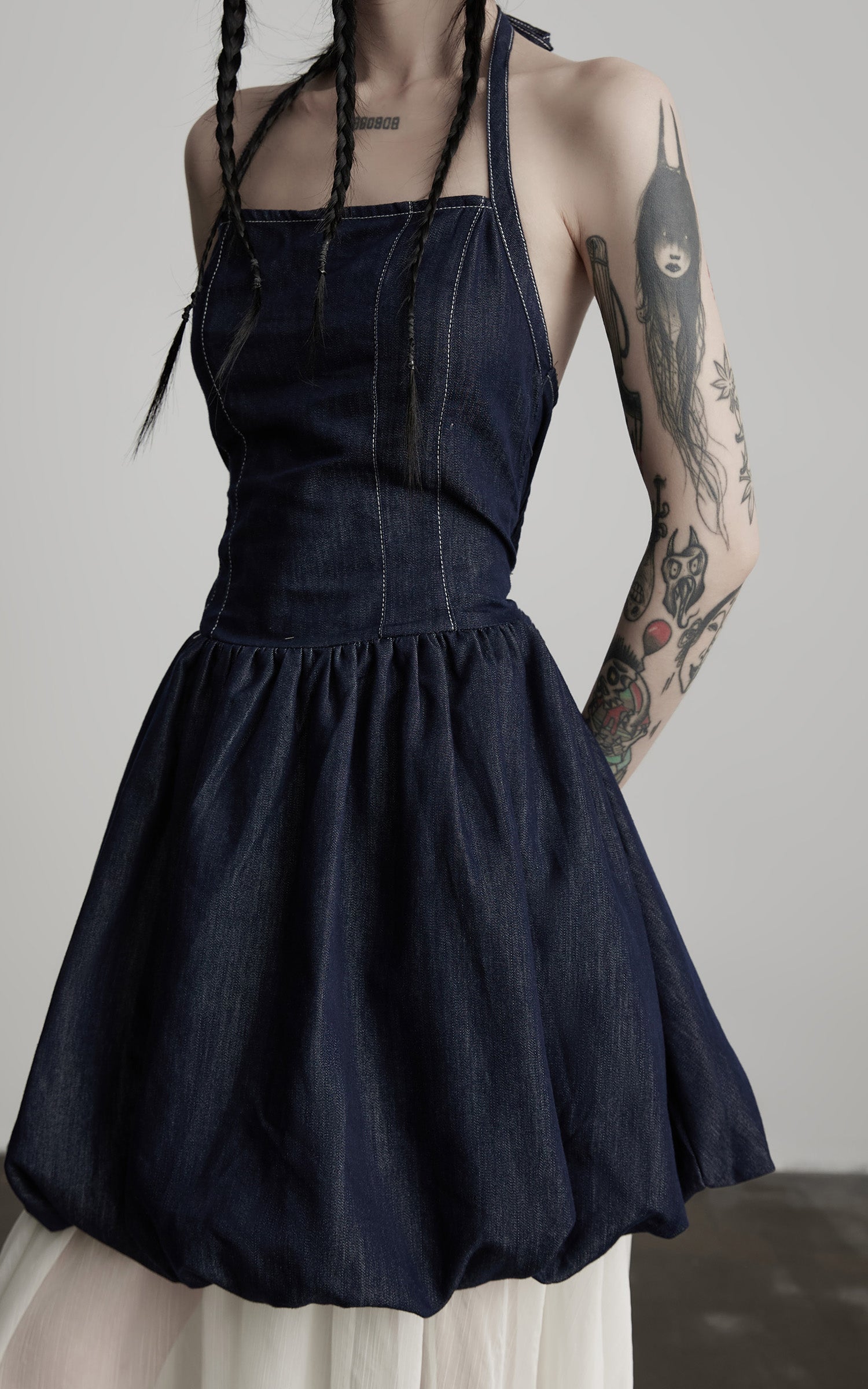 INDULGE Denim Halter Dress with Bubble Silhouette and Sheer Pleated Chiffon Hem