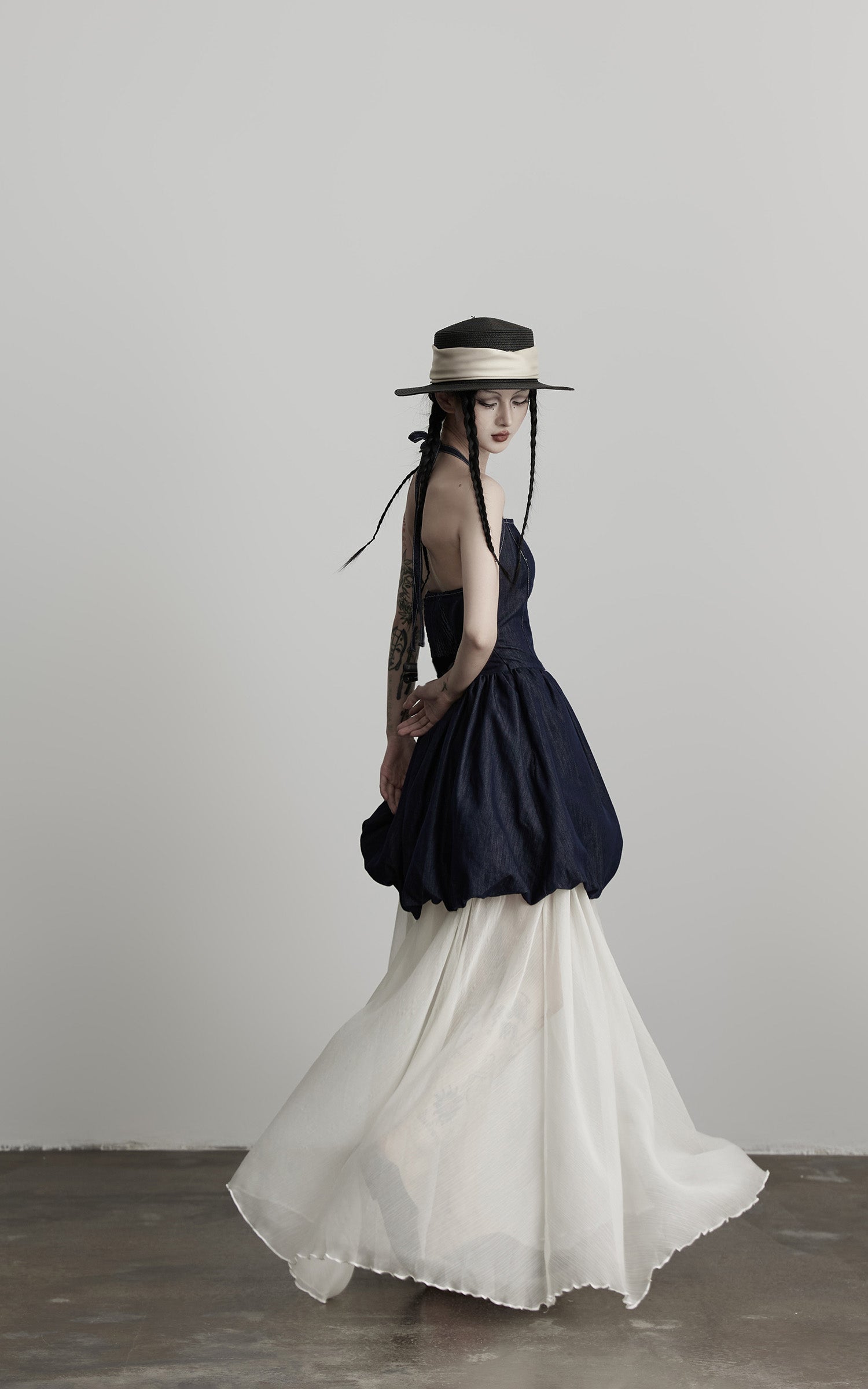 INDULGE Denim Halter Dress with Bubble Silhouette and Sheer Pleated Chiffon Hem