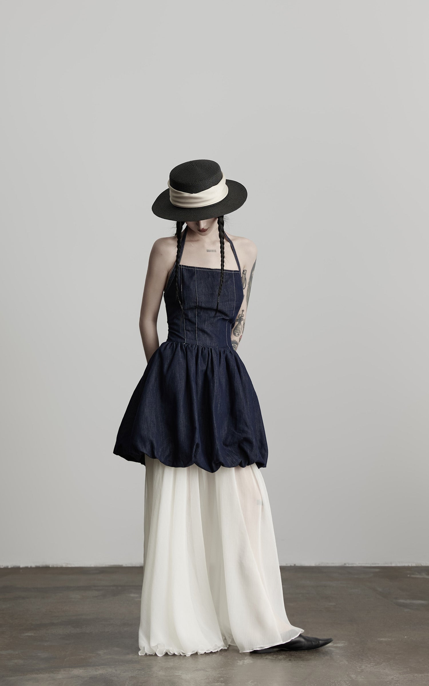 INDULGE Denim Halter Dress with Bubble Silhouette and Sheer Pleated Chiffon Hem