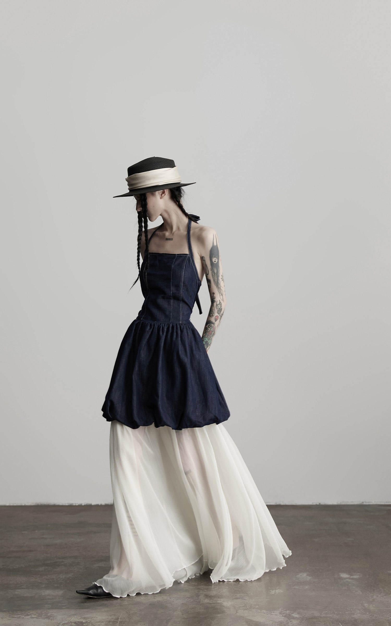 INDULGE Denim Halter Dress with Bubble Silhouette and Sheer Pleated Chiffon Hem