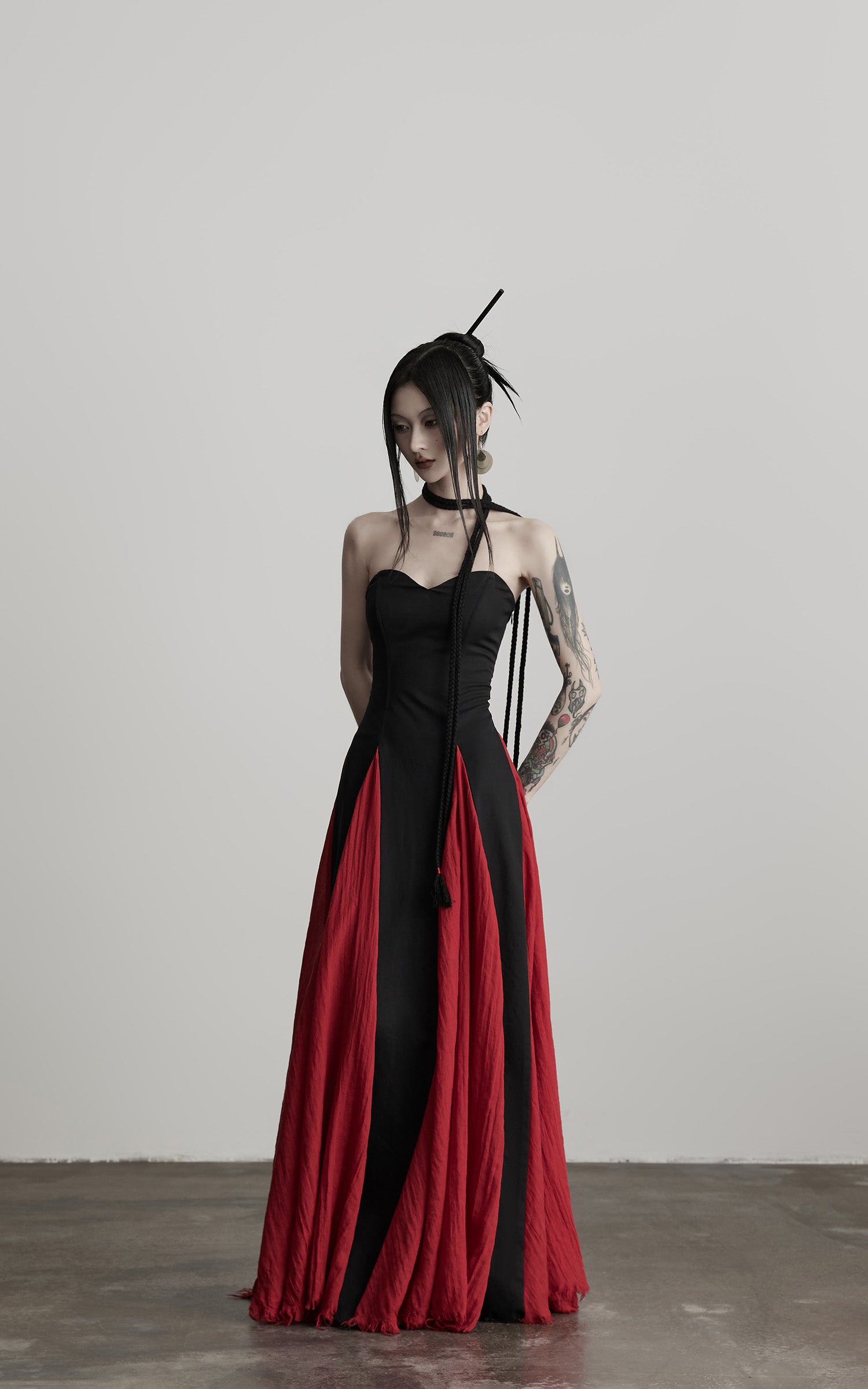 INDULGE Braided Strap Crushed Panel Maxi Dress with Lace-Up Back