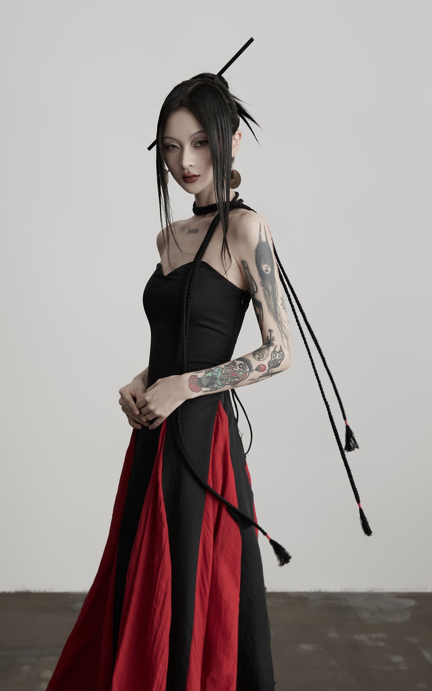 INDULGE Braided Strap Crushed Panel Maxi Dress with Lace-Up Back