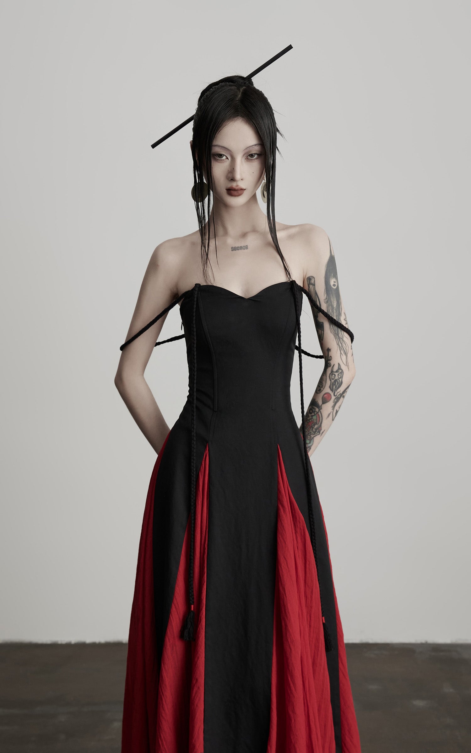 INDULGE Braided Strap Crushed Panel Maxi Dress with Lace-Up Back