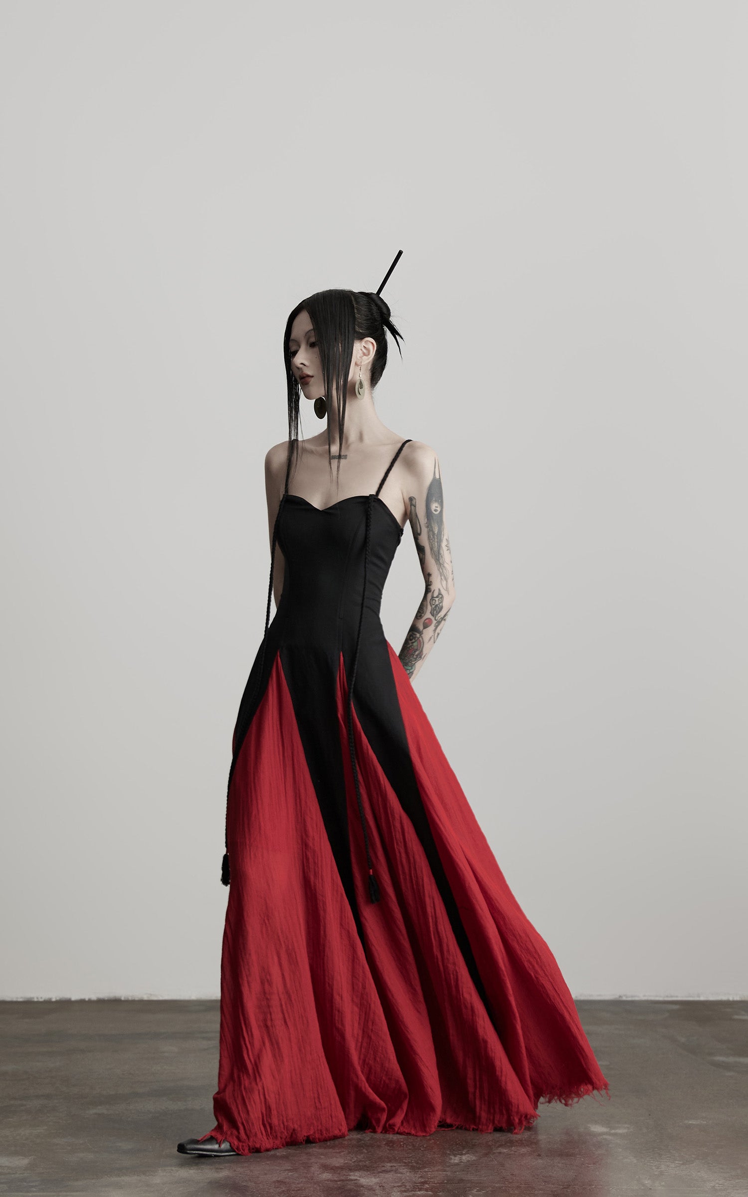INDULGE Braided Strap Crushed Panel Maxi Dress with Lace-Up Back