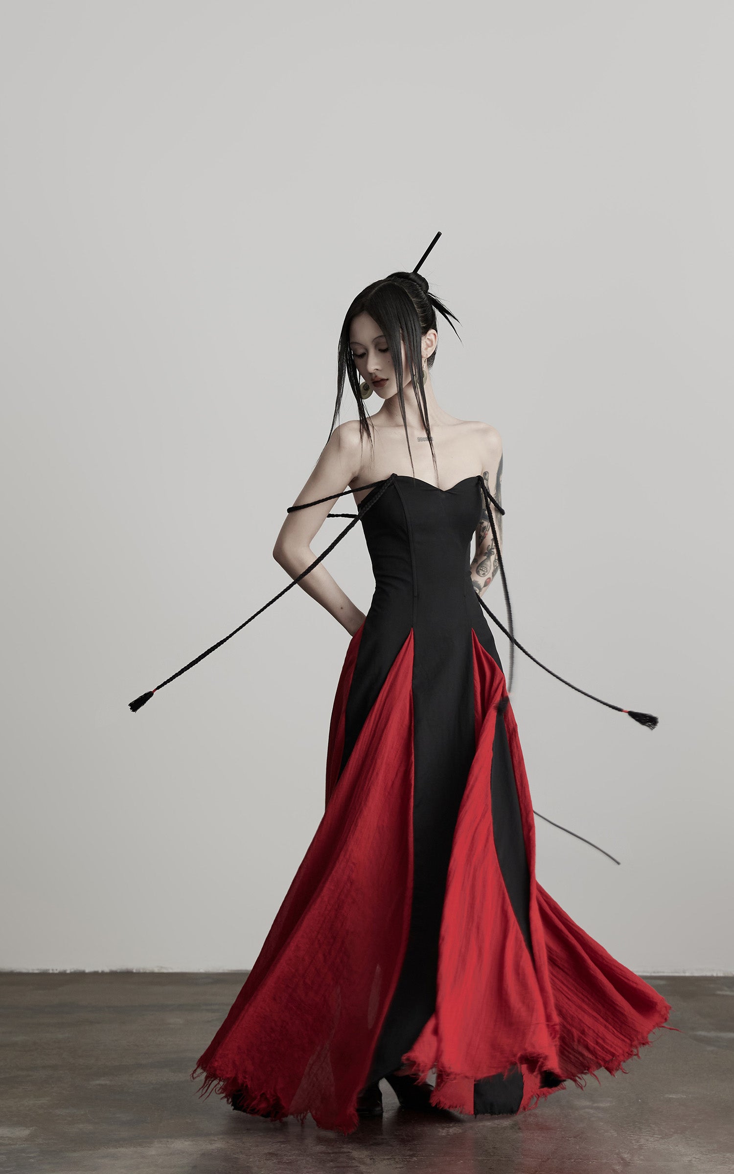 INDULGE Braided Strap Crushed Panel Maxi Dress with Lace-Up Back