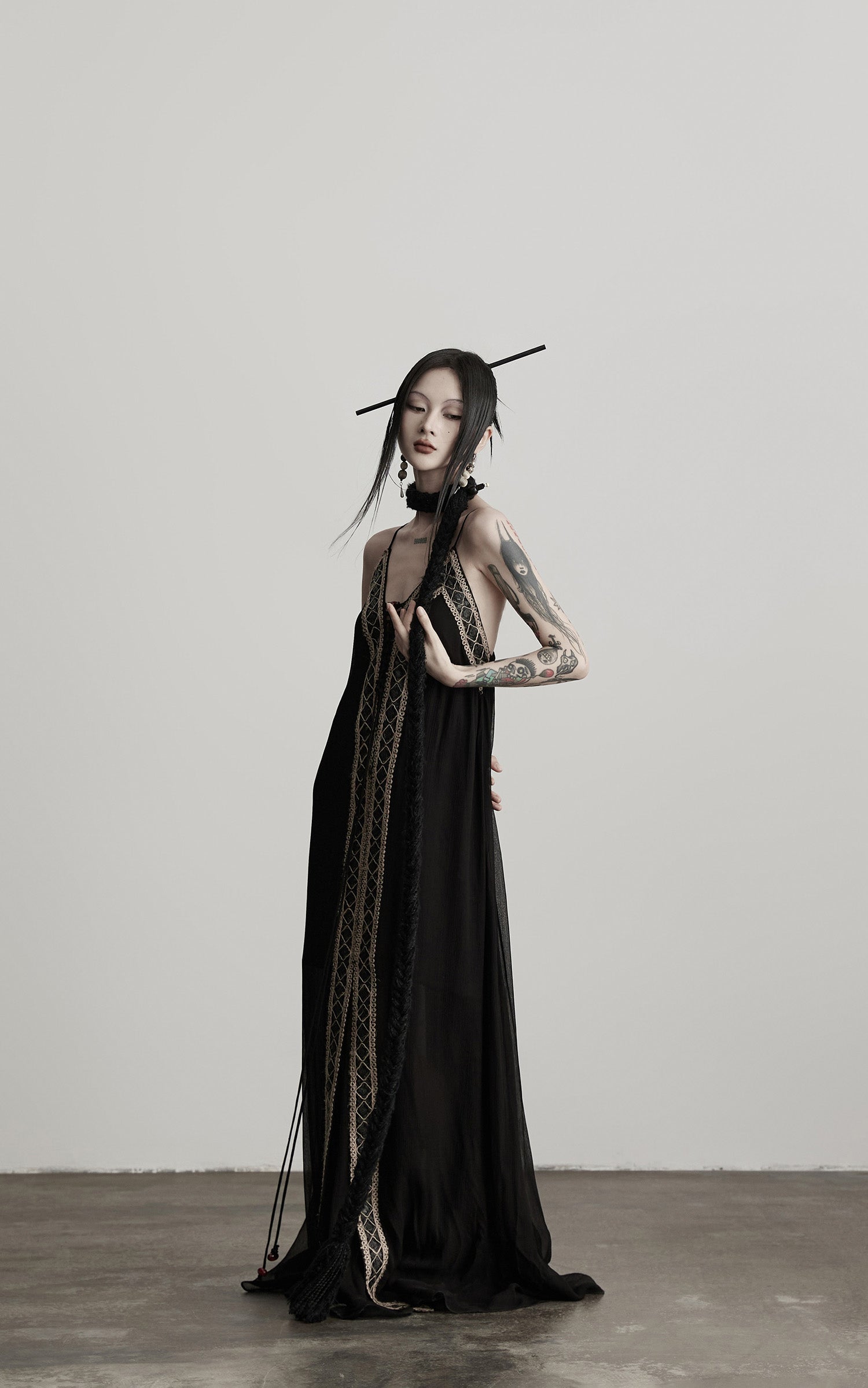 INDULGE Black Embroidered Beaded Maxi Dress