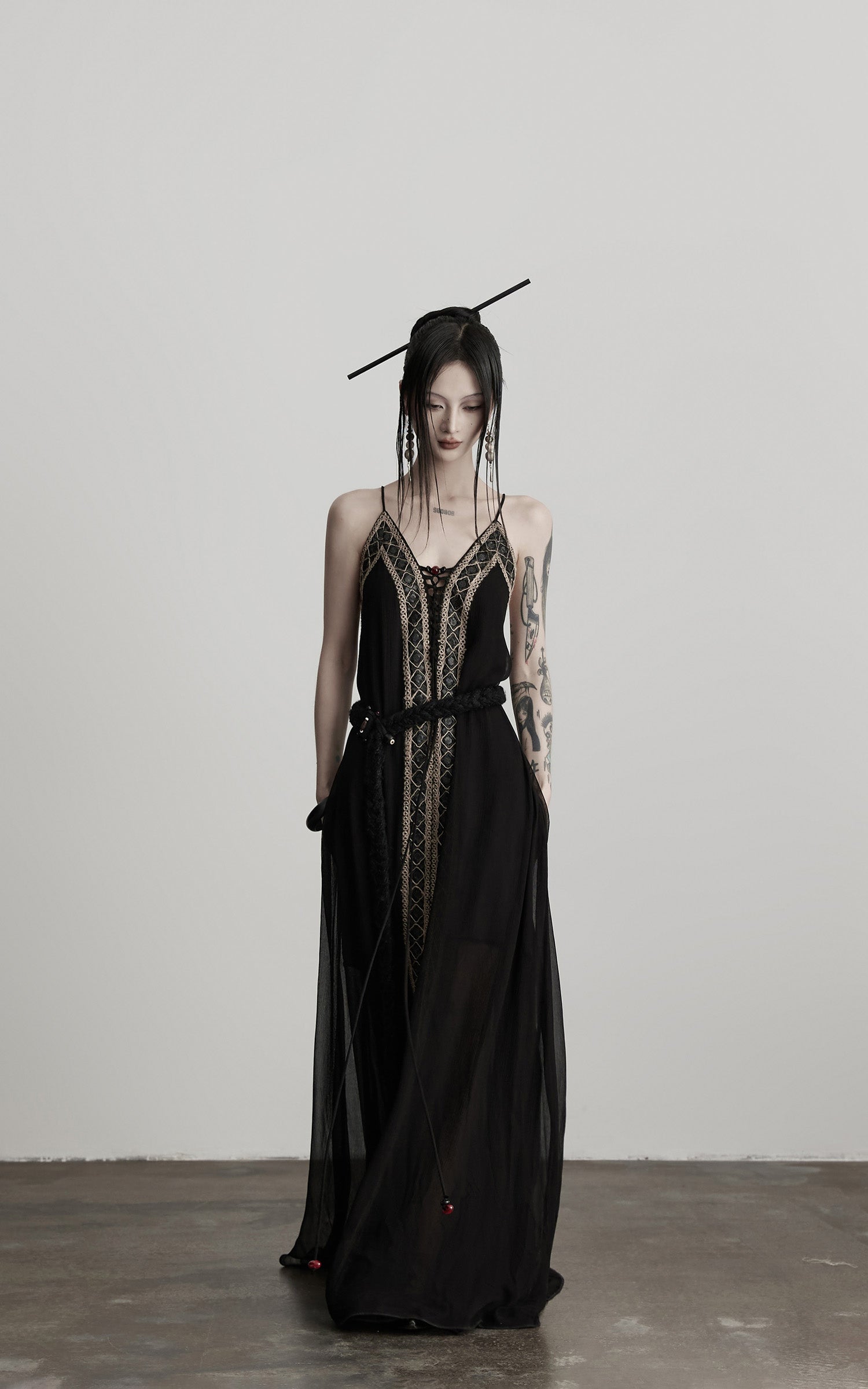 INDULGE Black Embroidered Beaded Maxi Dress
