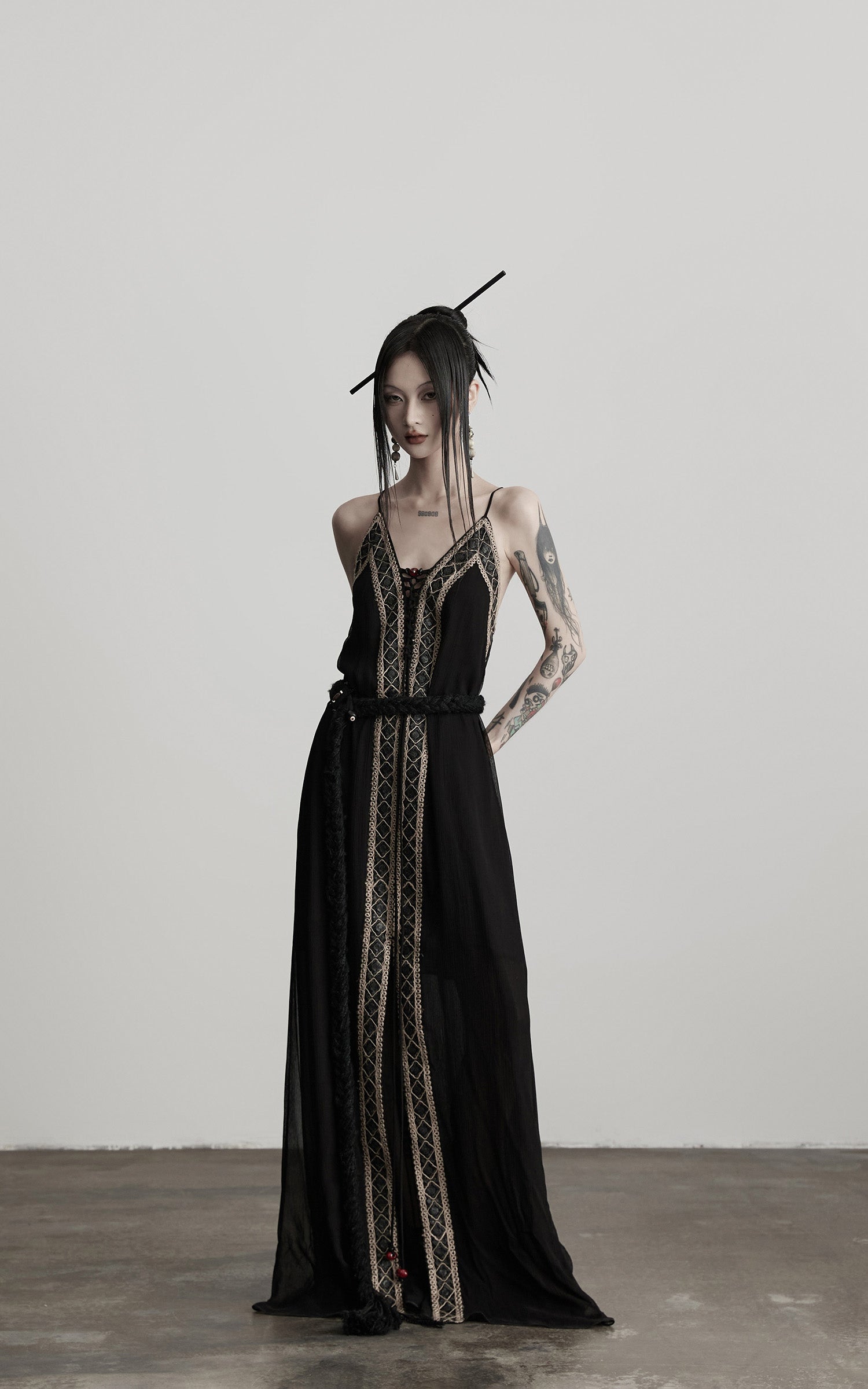 INDULGE Black Embroidered Beaded Maxi Dress