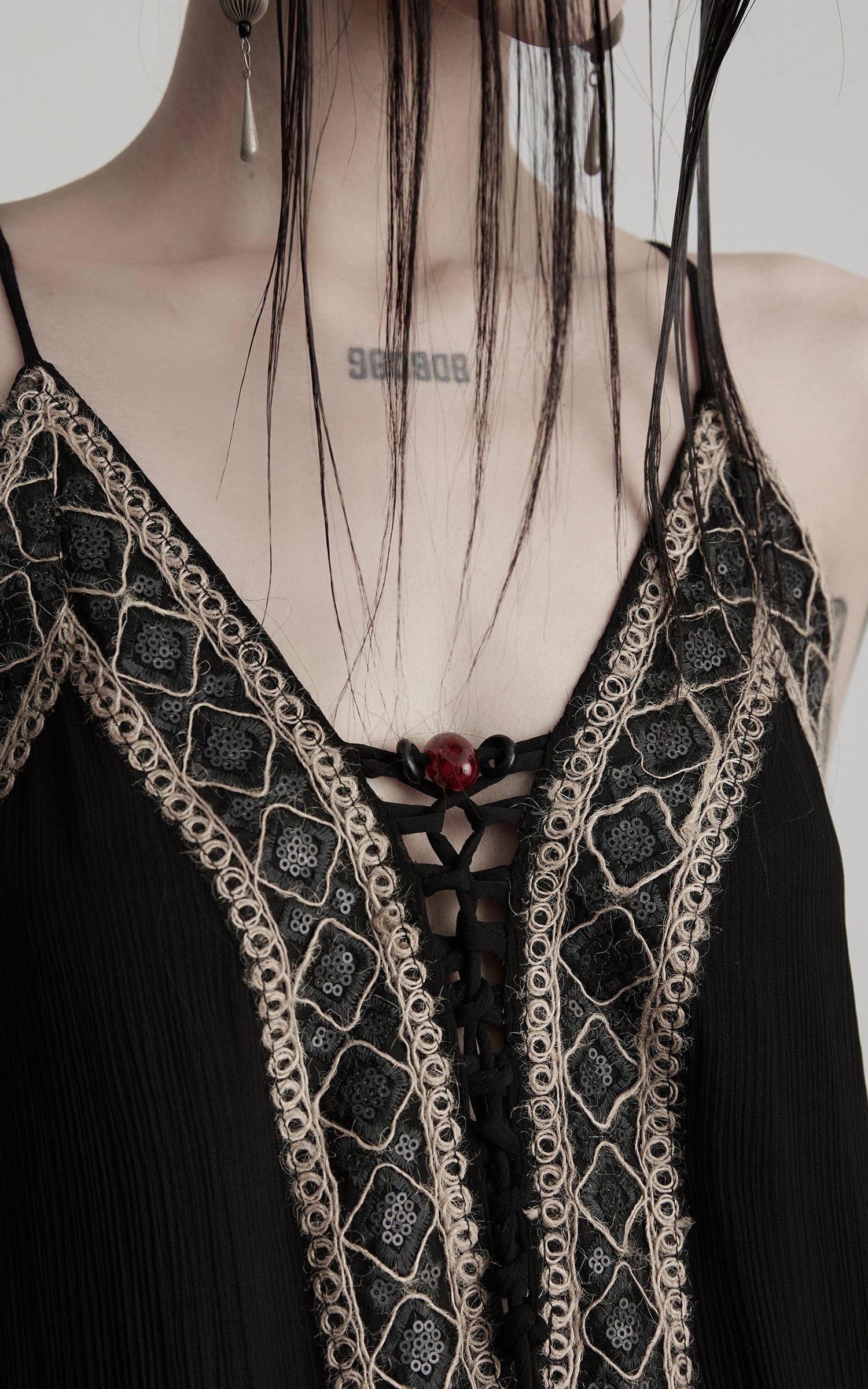 INDULGE Black Embroidered Beaded Maxi Dress