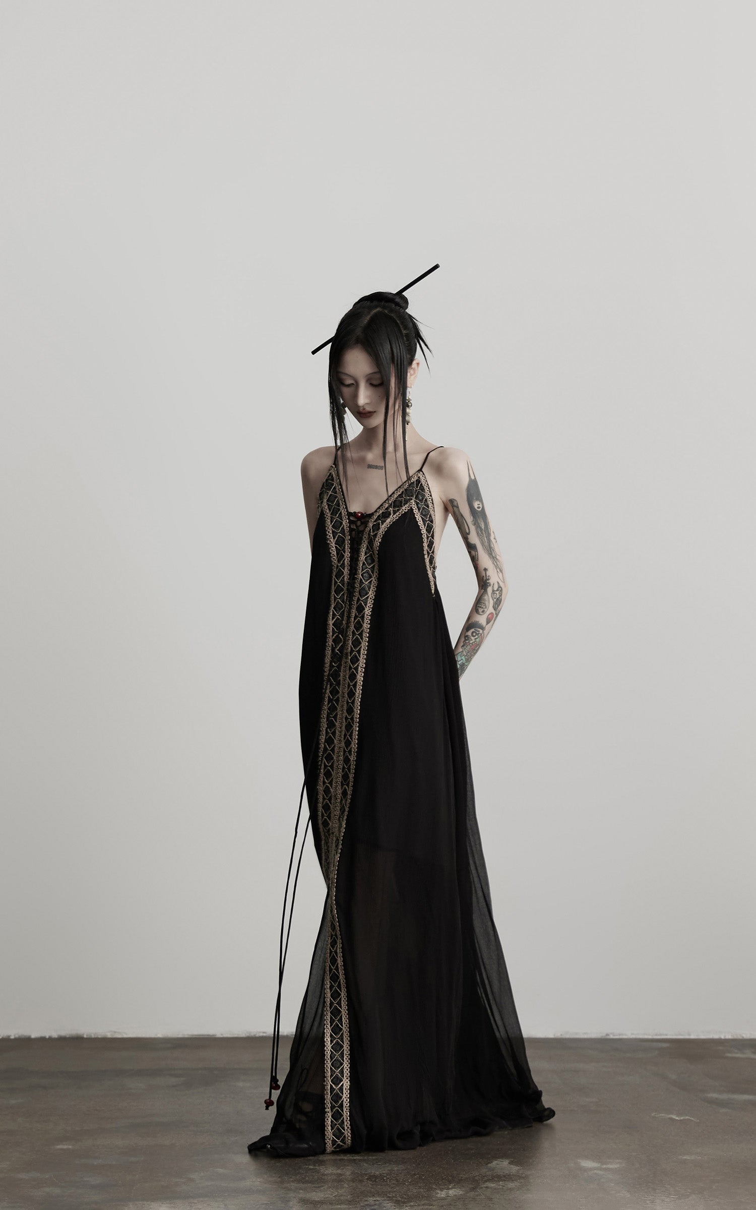 INDULGE Black Embroidered Beaded Maxi Dress