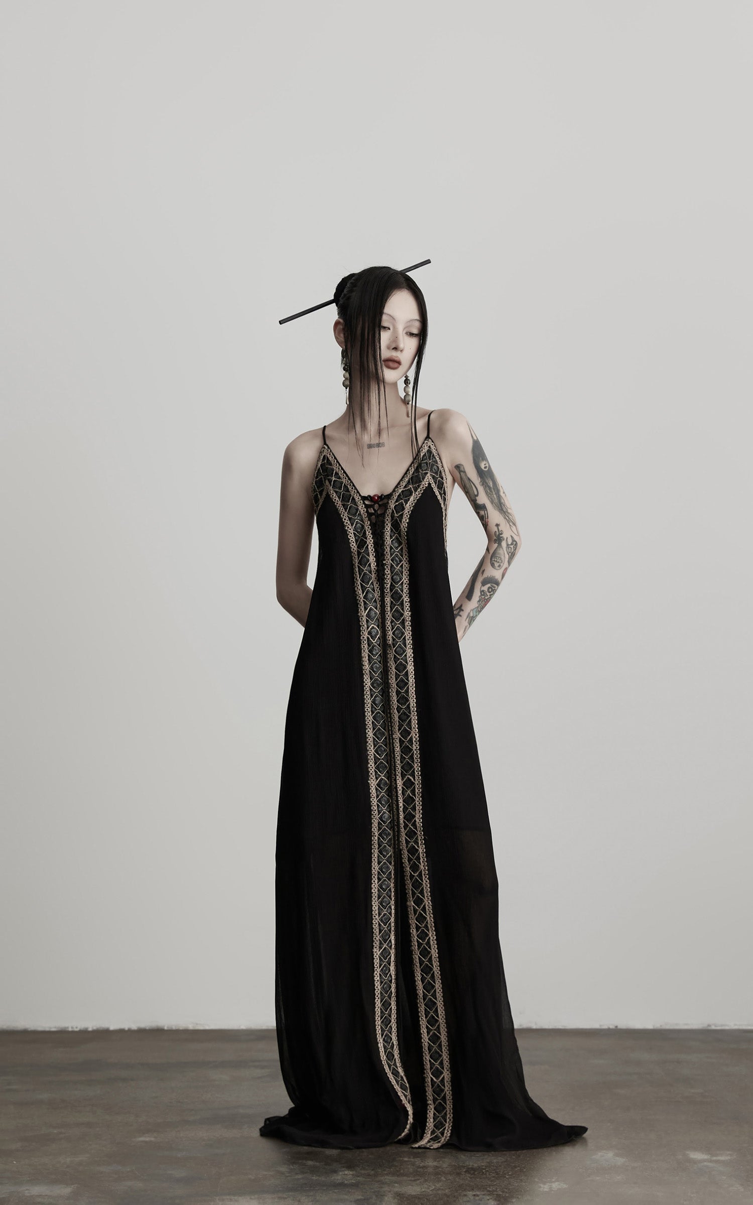 INDULGE Black Embroidered Beaded Maxi Dress