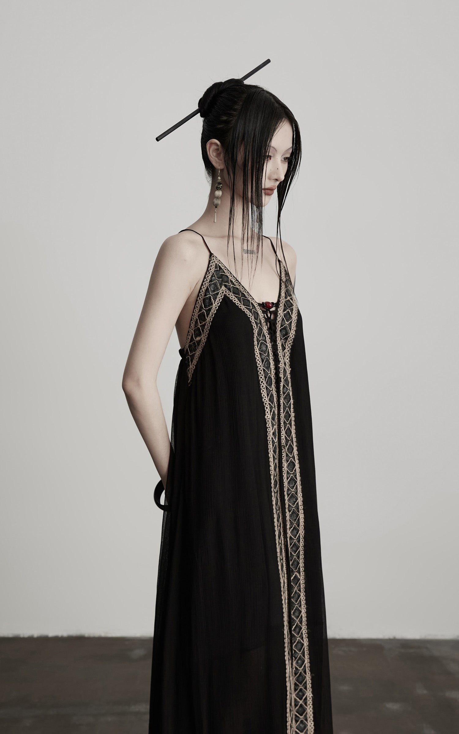 INDULGE Black Embroidered Beaded Maxi Dress