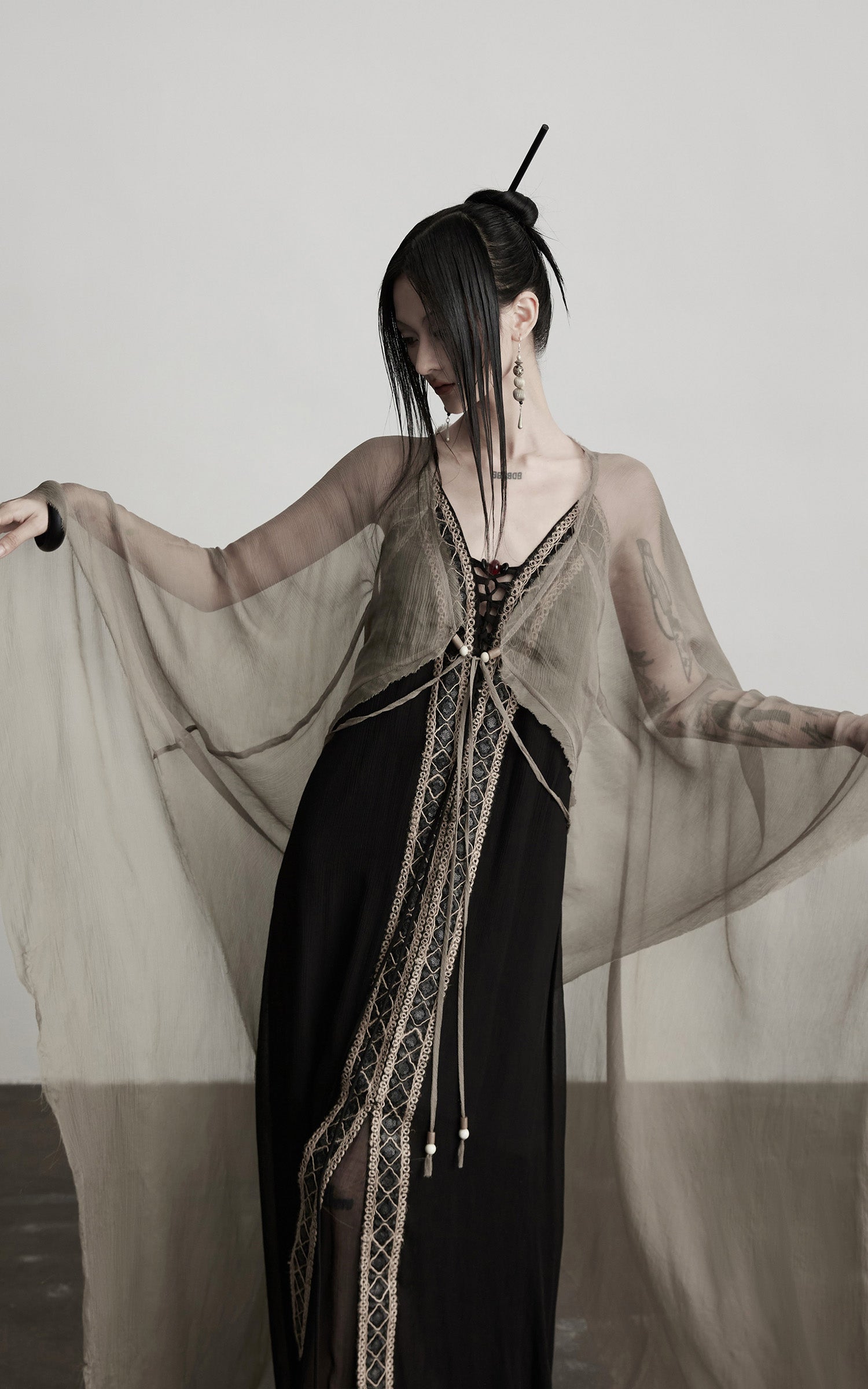 INDULGE Sheer Drape Long Cardigan with Bead Tie Detail