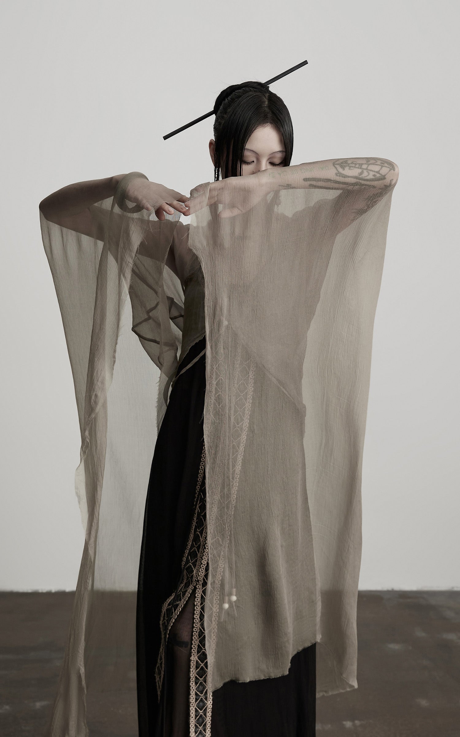 INDULGE Sheer Drape Long Cardigan with Bead Tie Detail