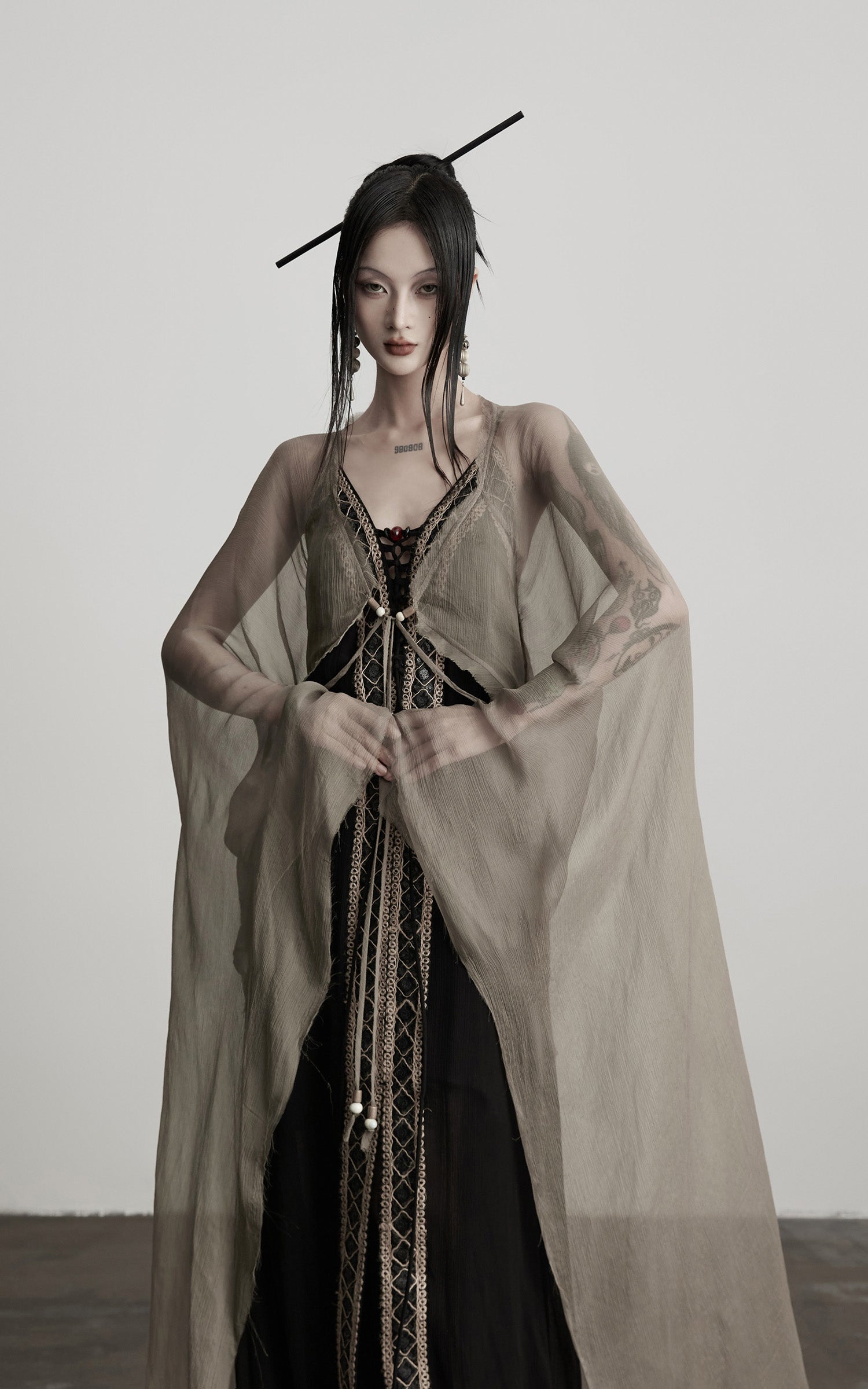 INDULGE Sheer Drape Long Cardigan with Bead Tie Detail