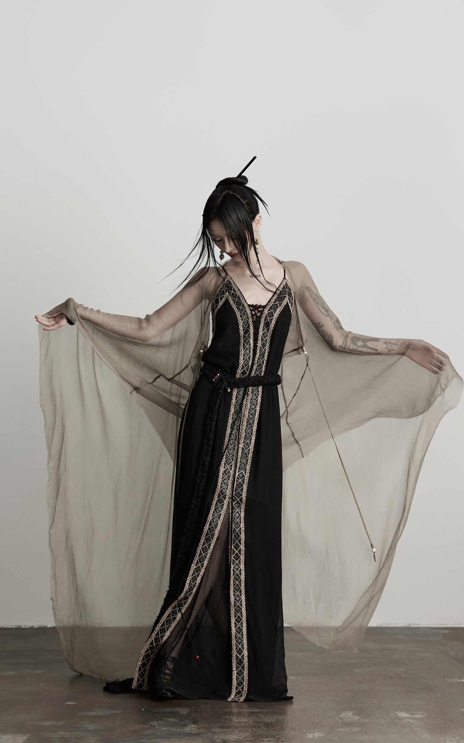 INDULGE Sheer Drape Long Cardigan with Bead Tie Detail